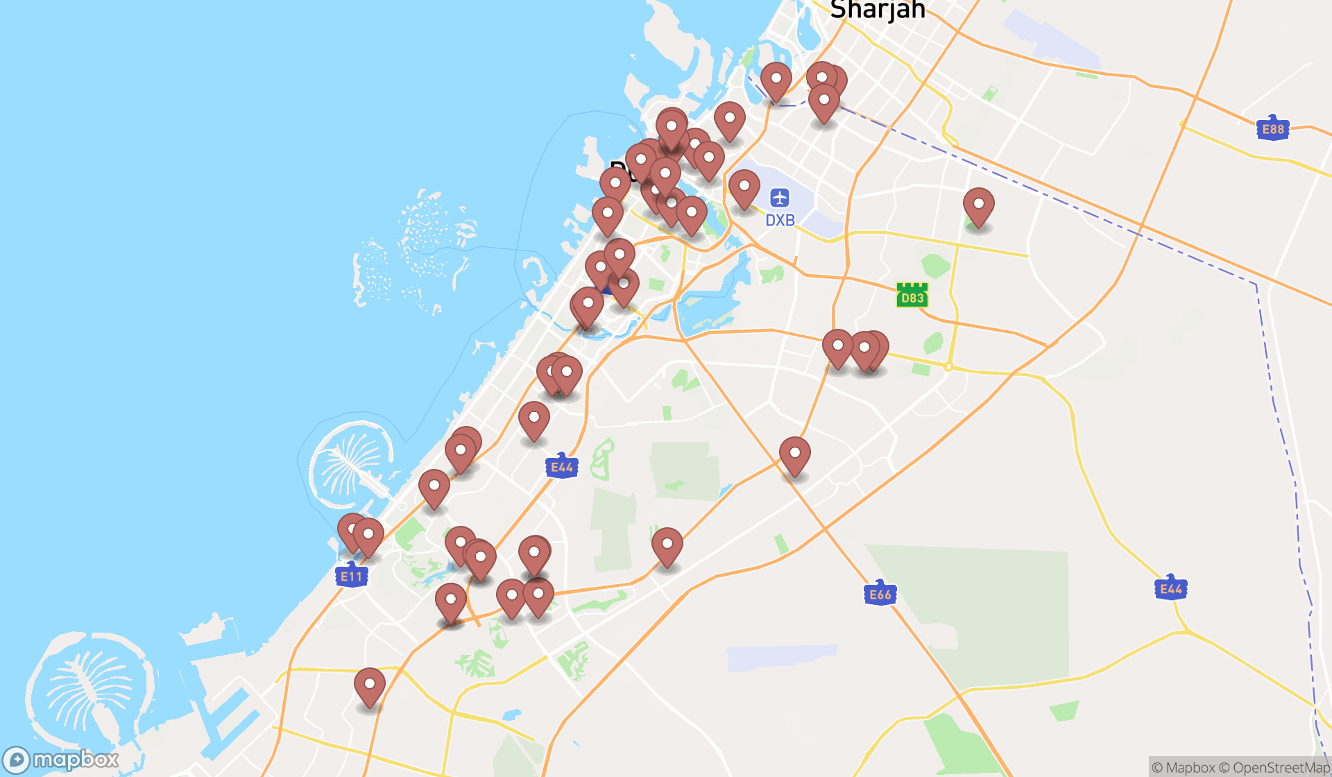 Map showing the search results in Dubai