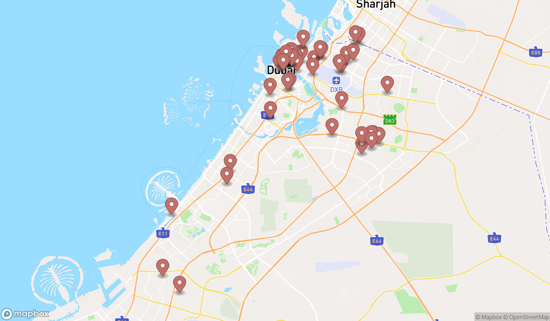 Map showing the search results in Dubai