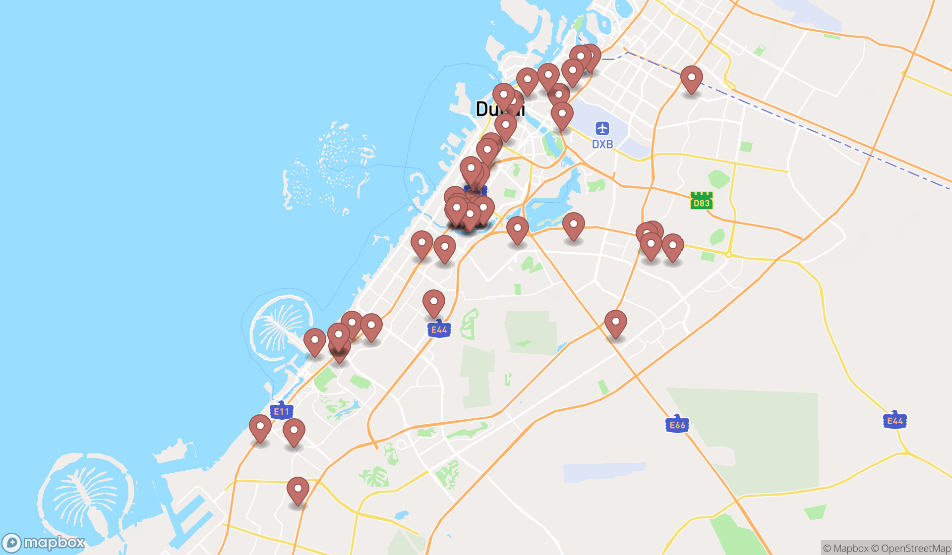 Map showing the search results in Dubai