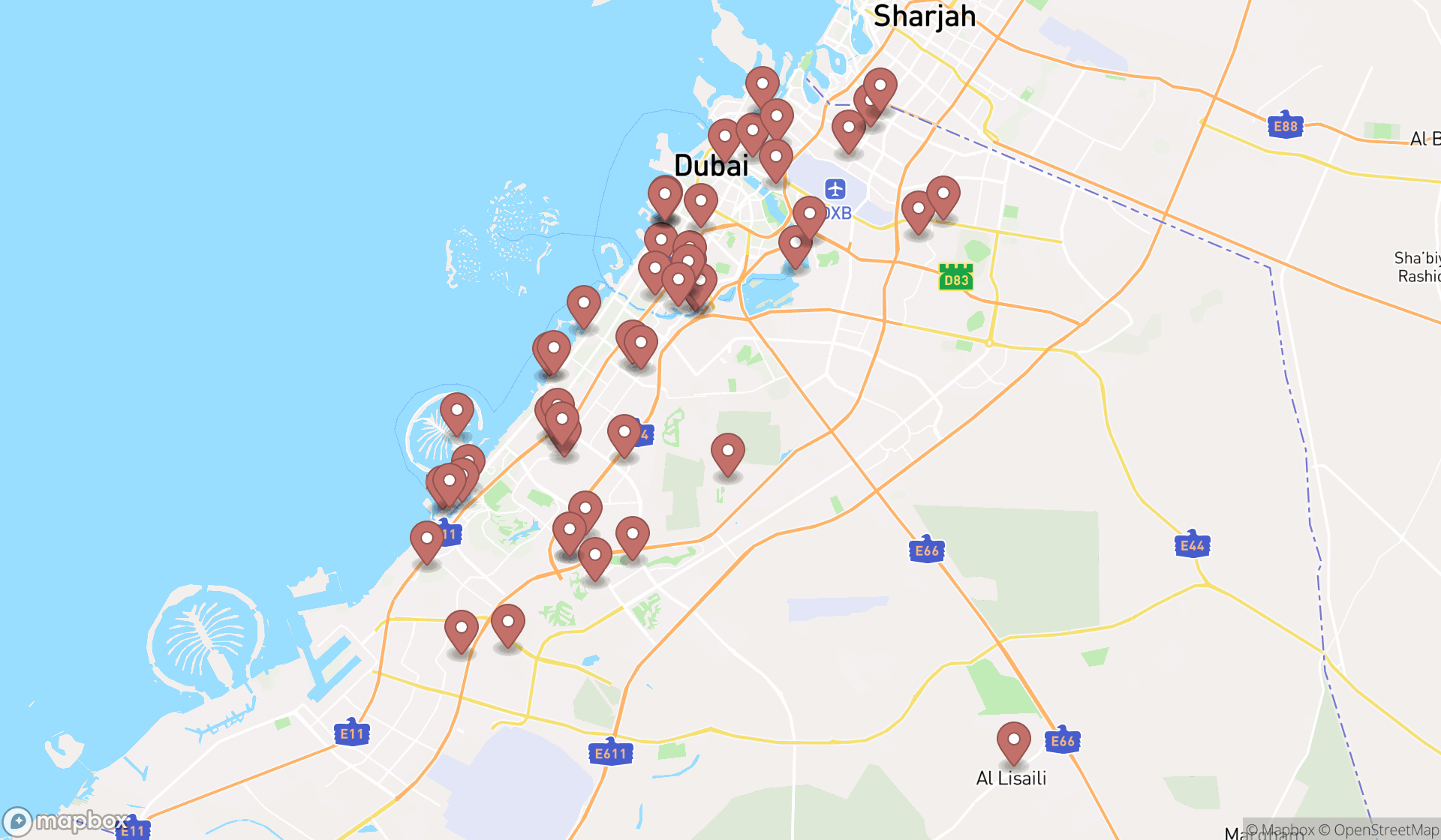 Map showing the search results in Dubai