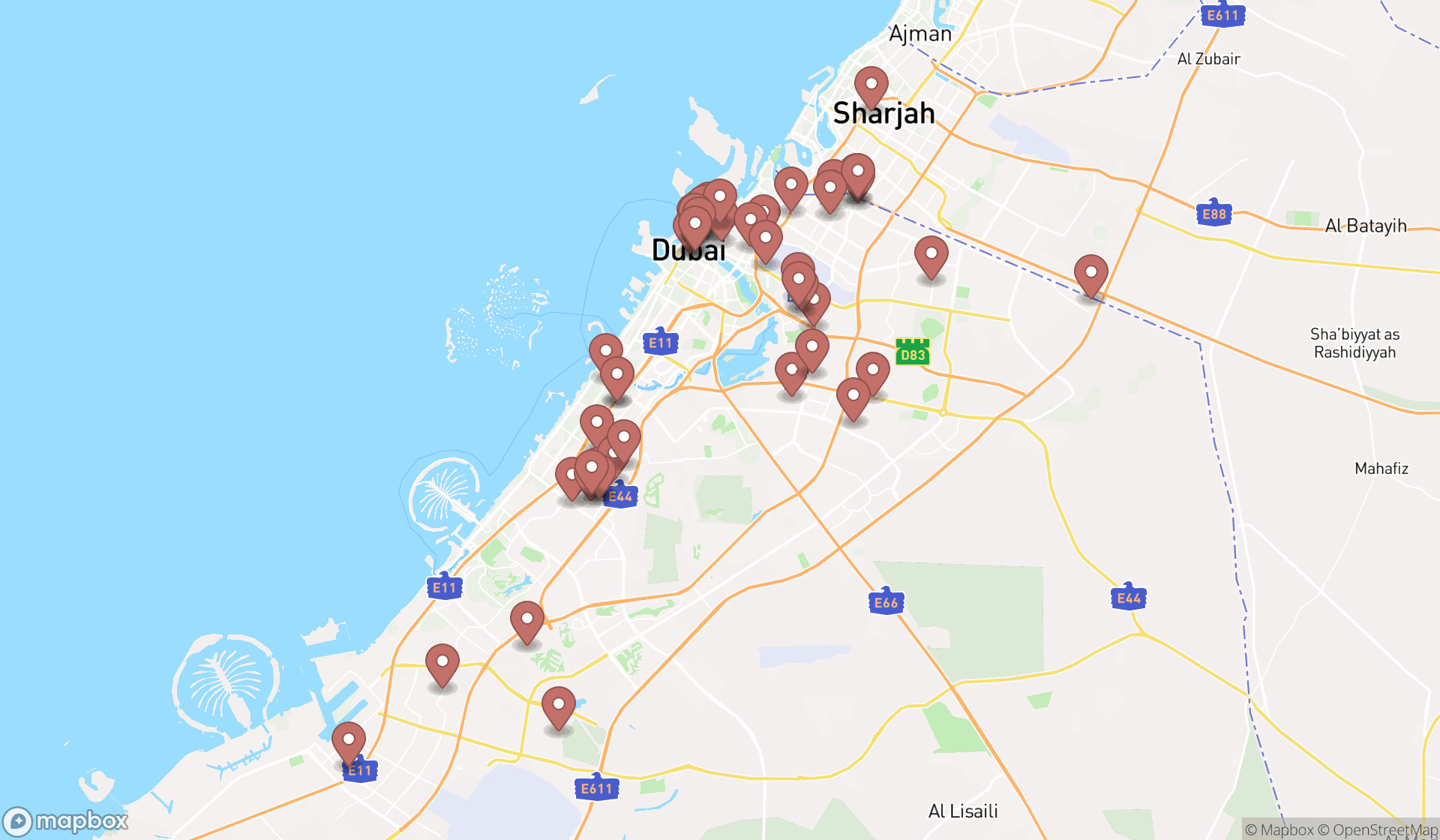 Map showing the search results in Dubai