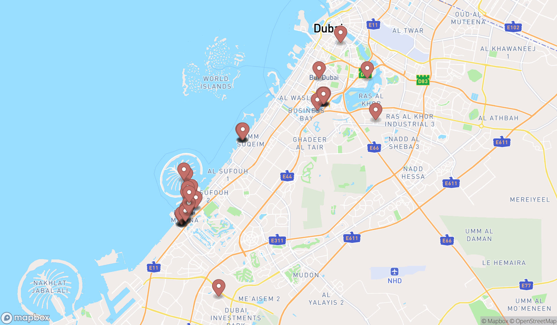 Map showing the search results in Dubai