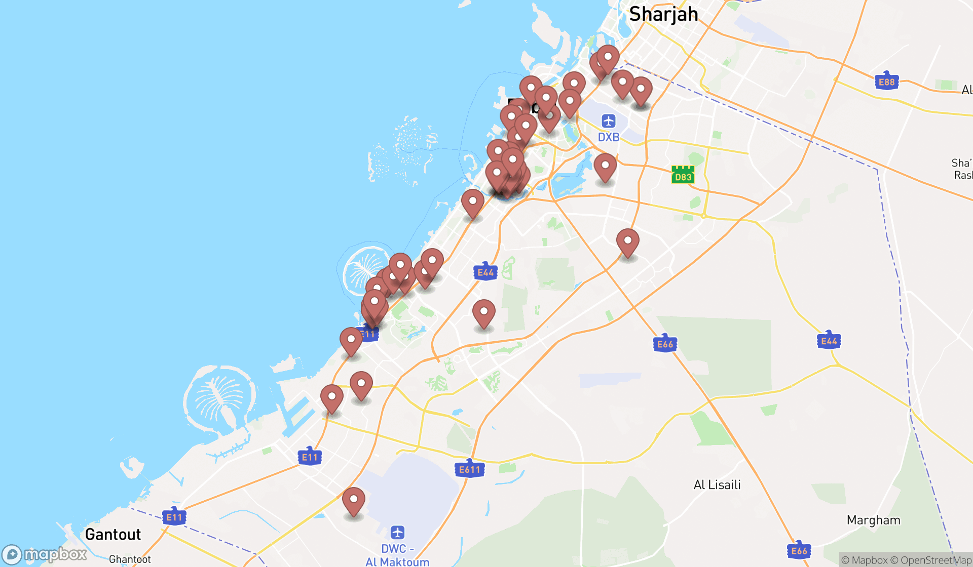 Map showing the search results in Dubai