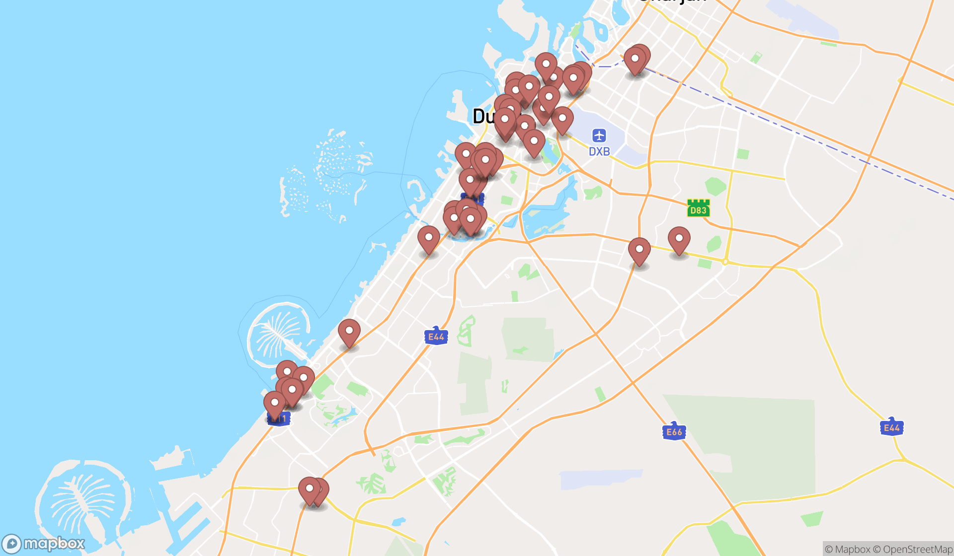 Map showing the search results in Dubai