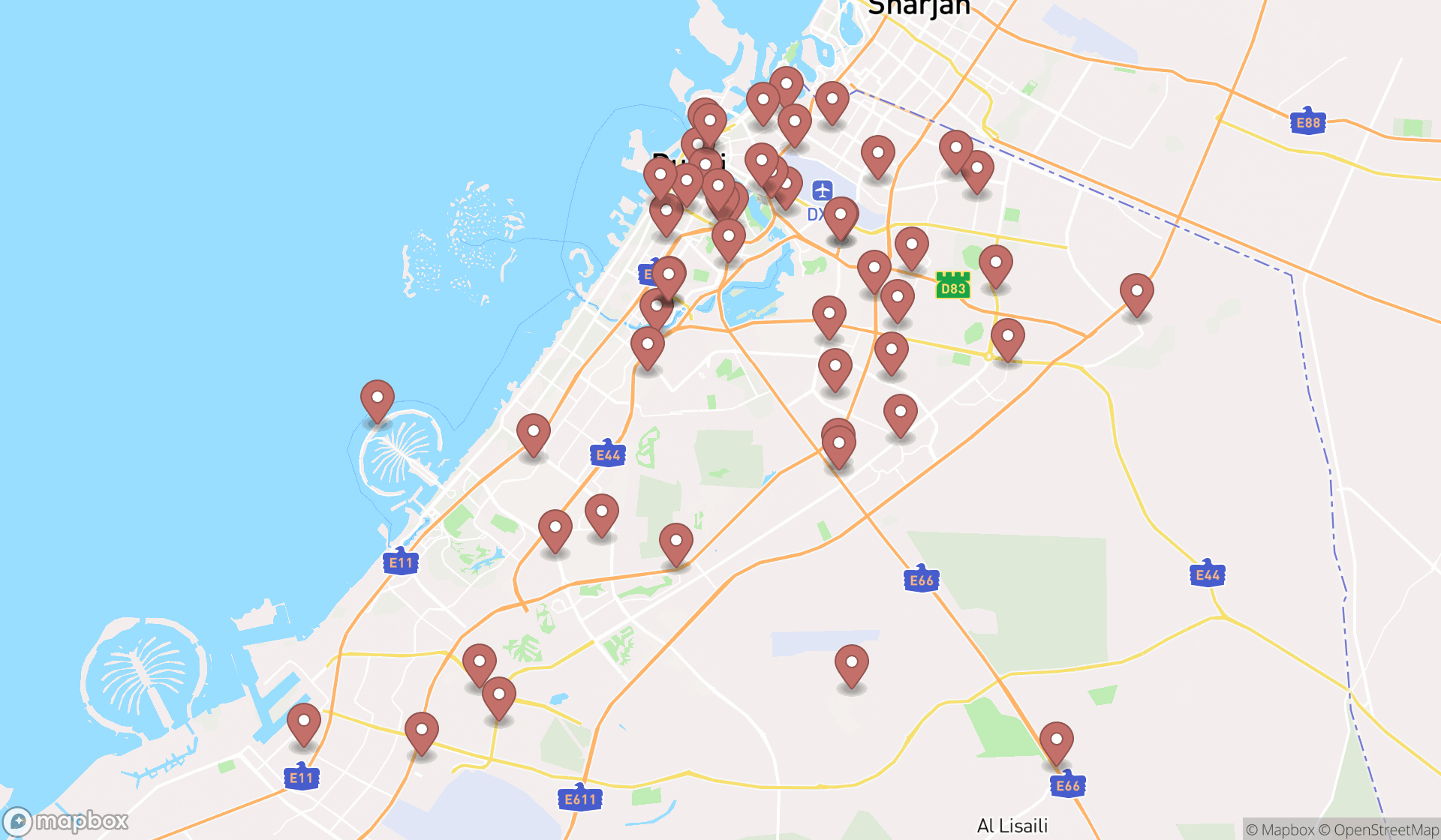 Map showing the search results in Dubai