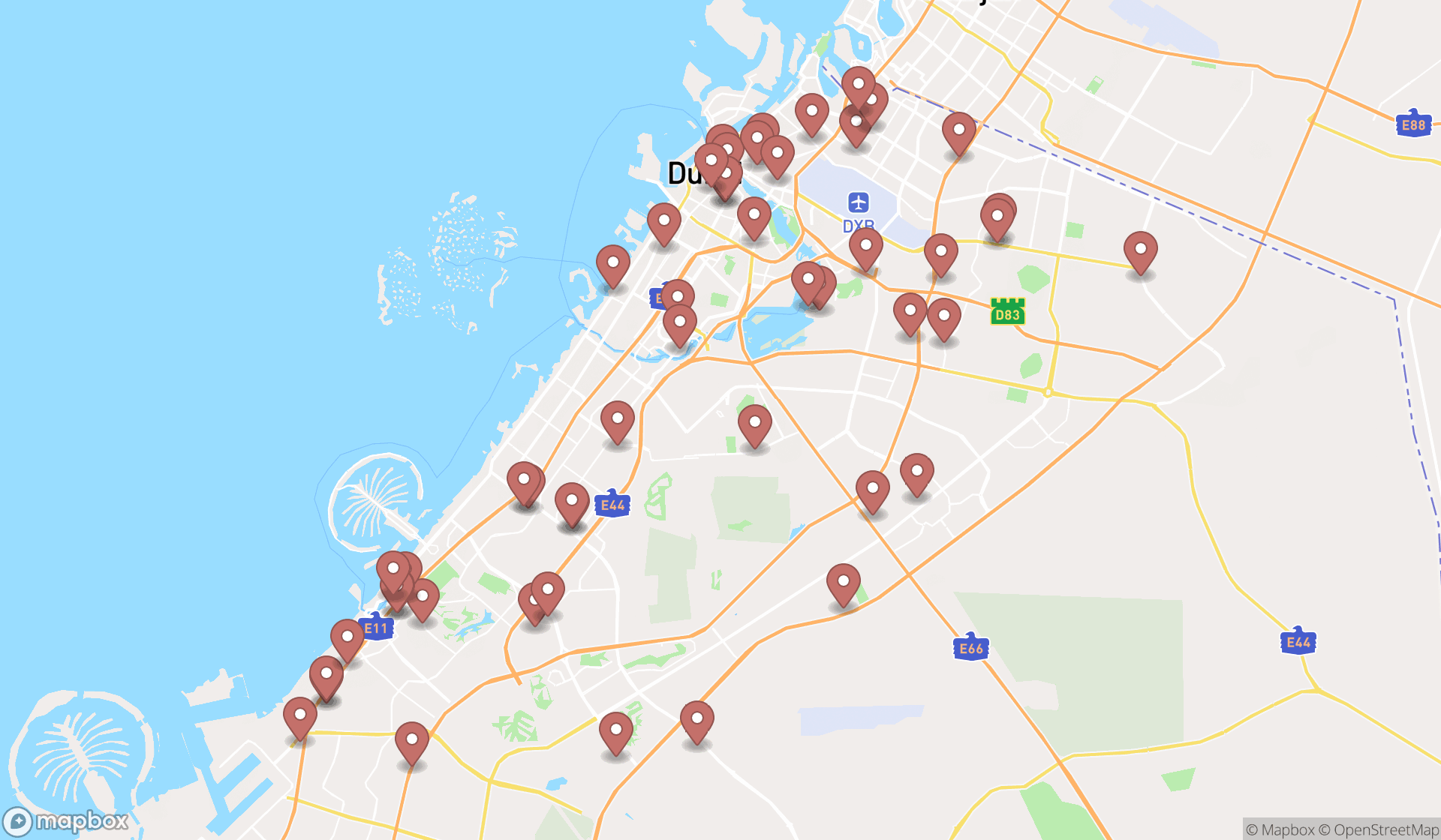 Map showing the search results in Dubai