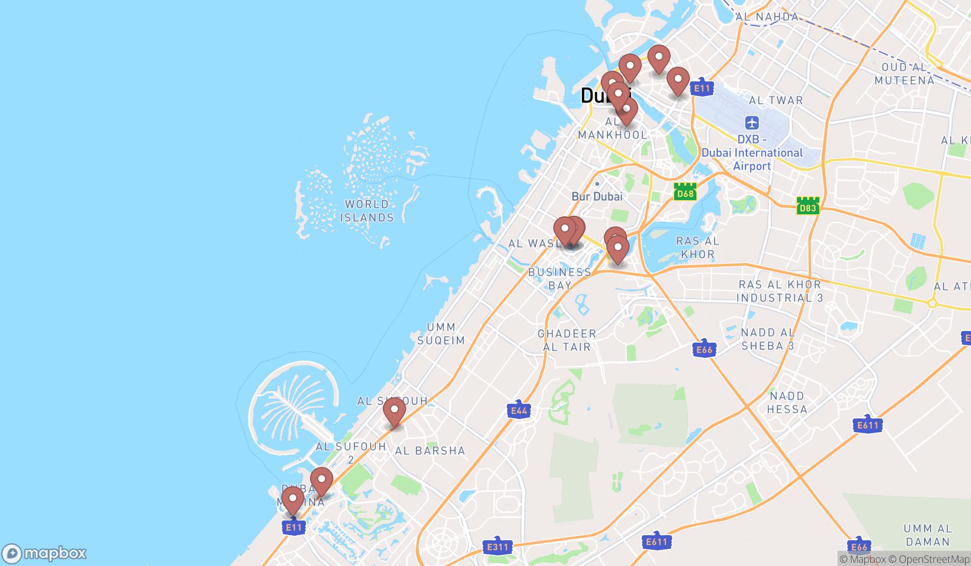 Map showing the search results in Dubai