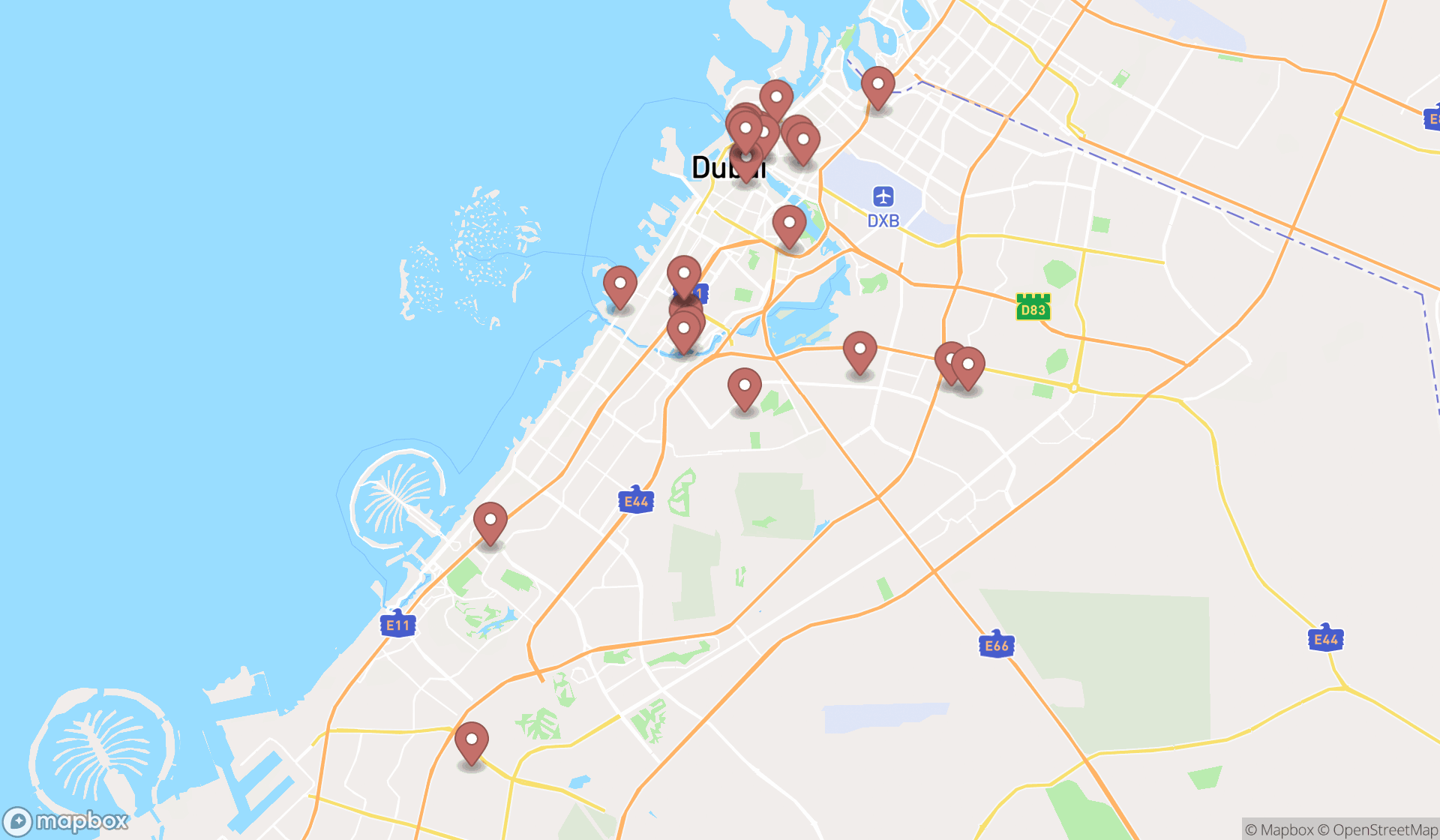 Map showing the search results in Dubai