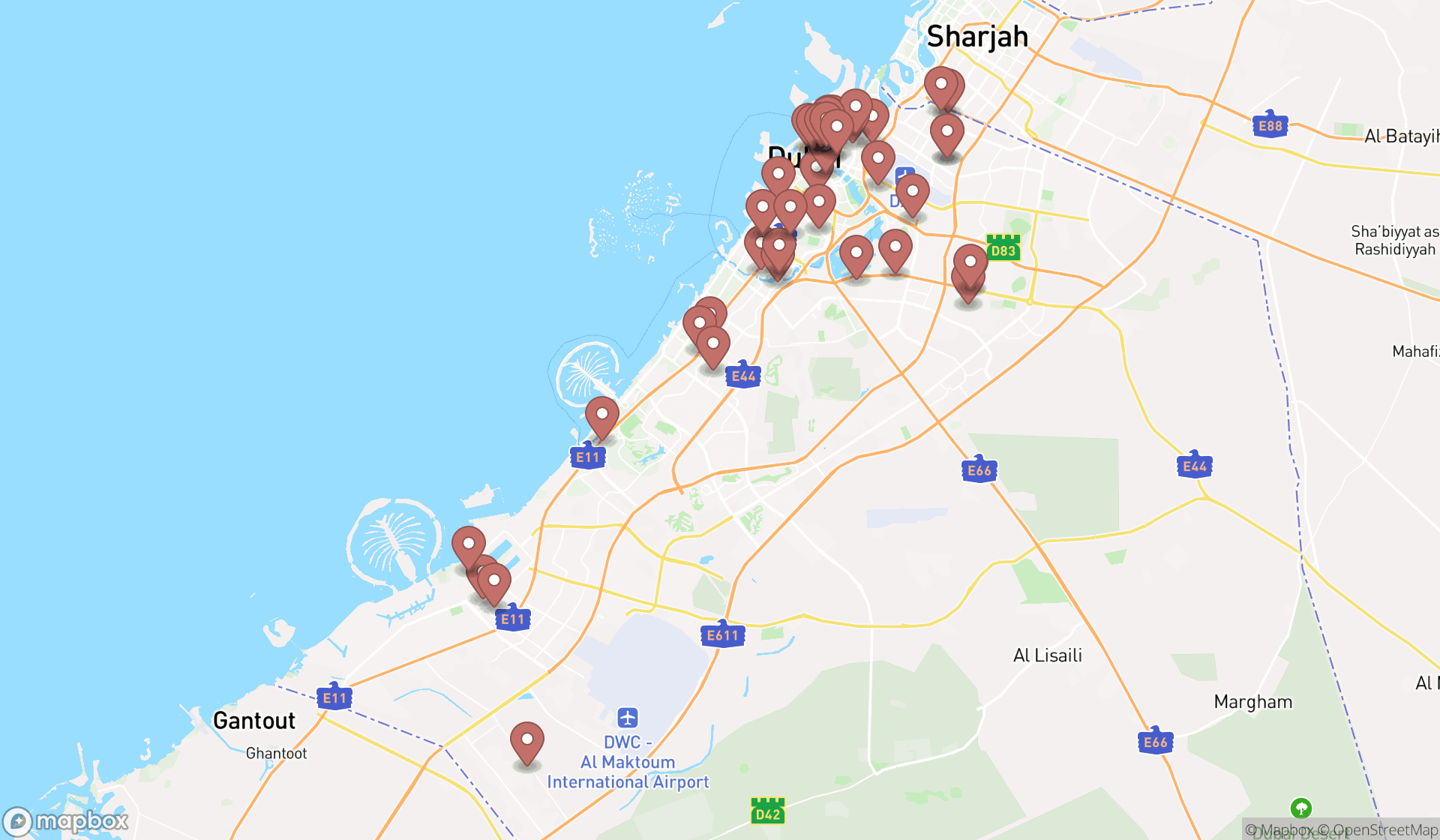 Map showing the search results in Dubai