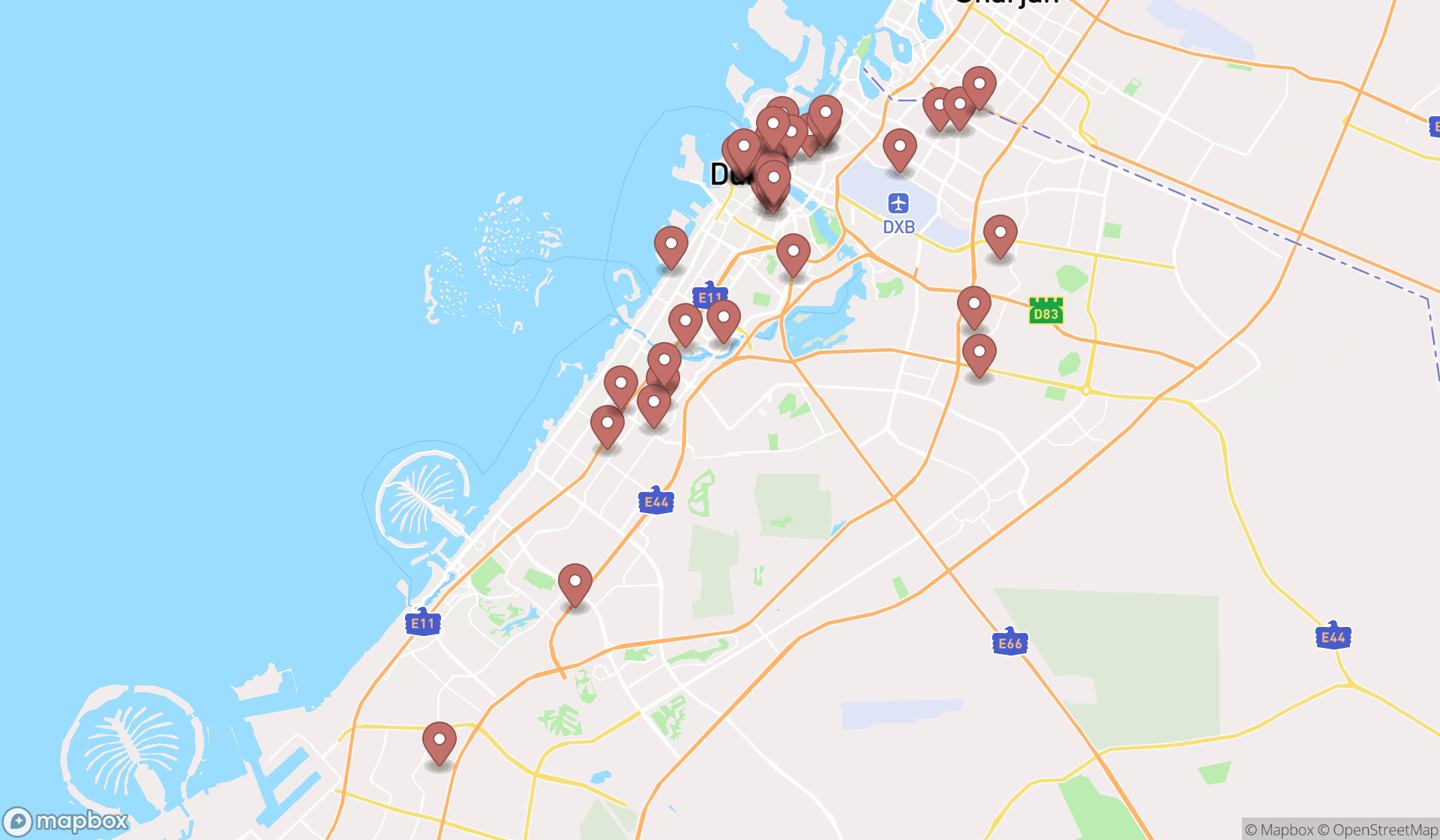 Map showing the search results in Dubai