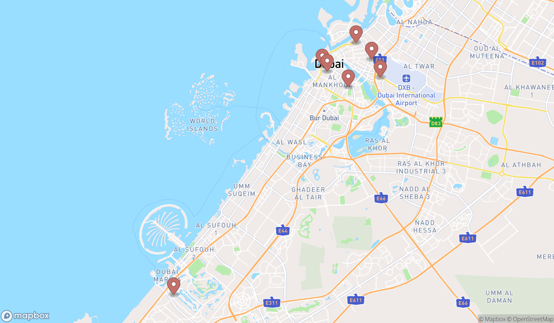 Map showing the search results in Dubai