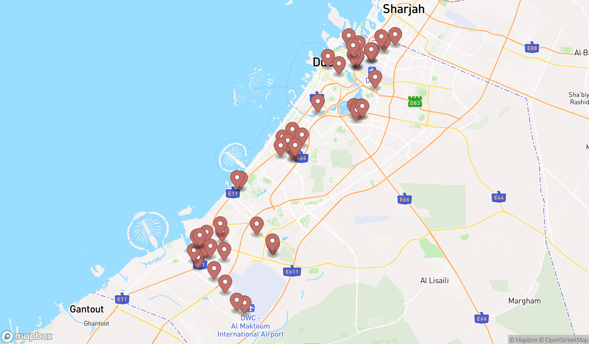 Map showing the search results in Dubai