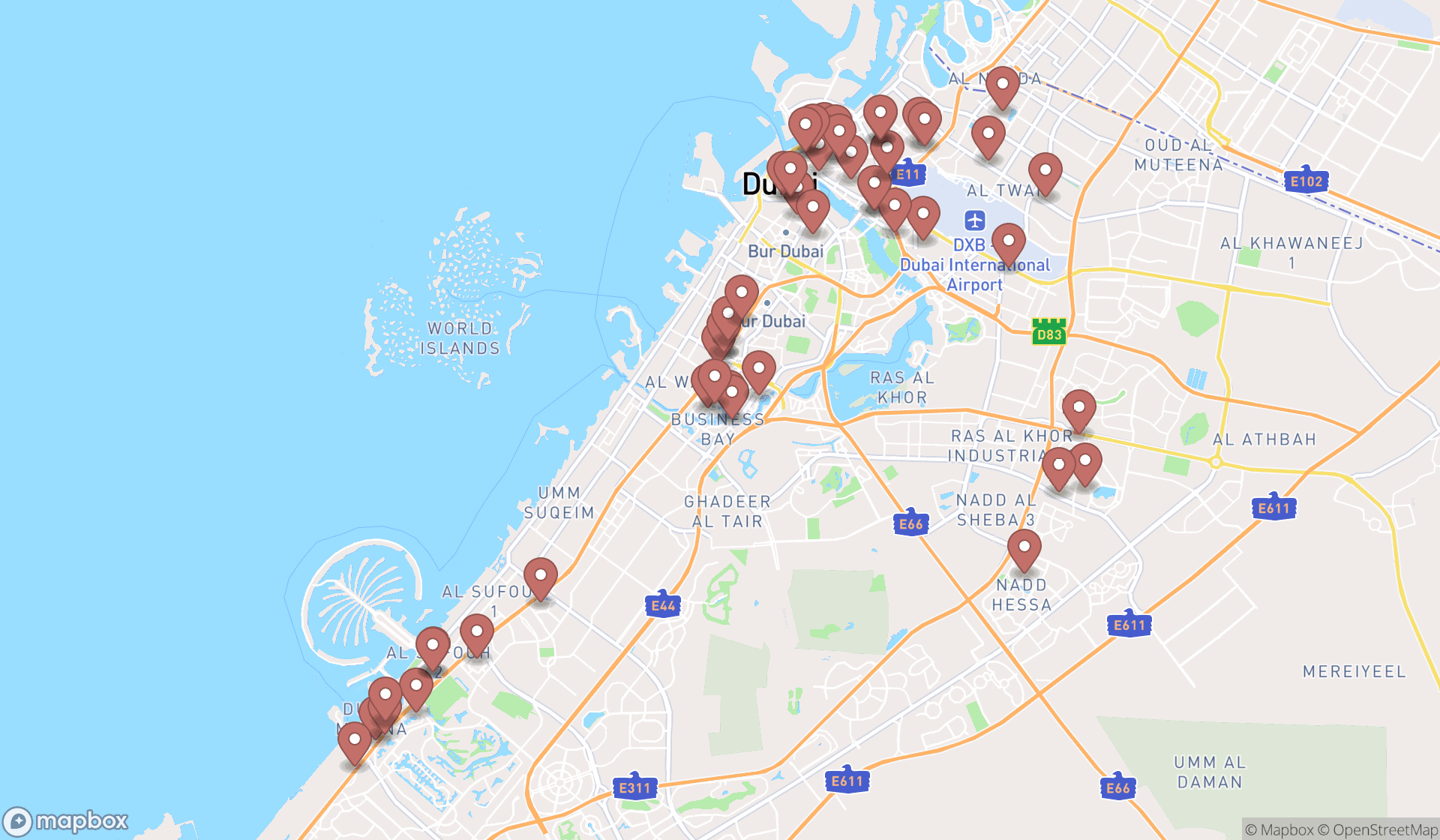 Map showing the search results in Dubai