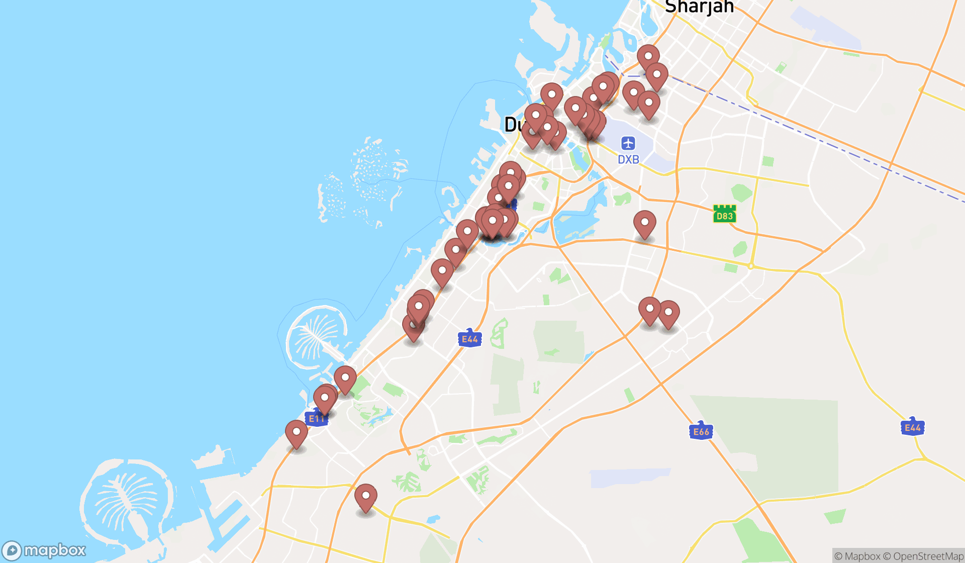 Map showing the search results in Dubai