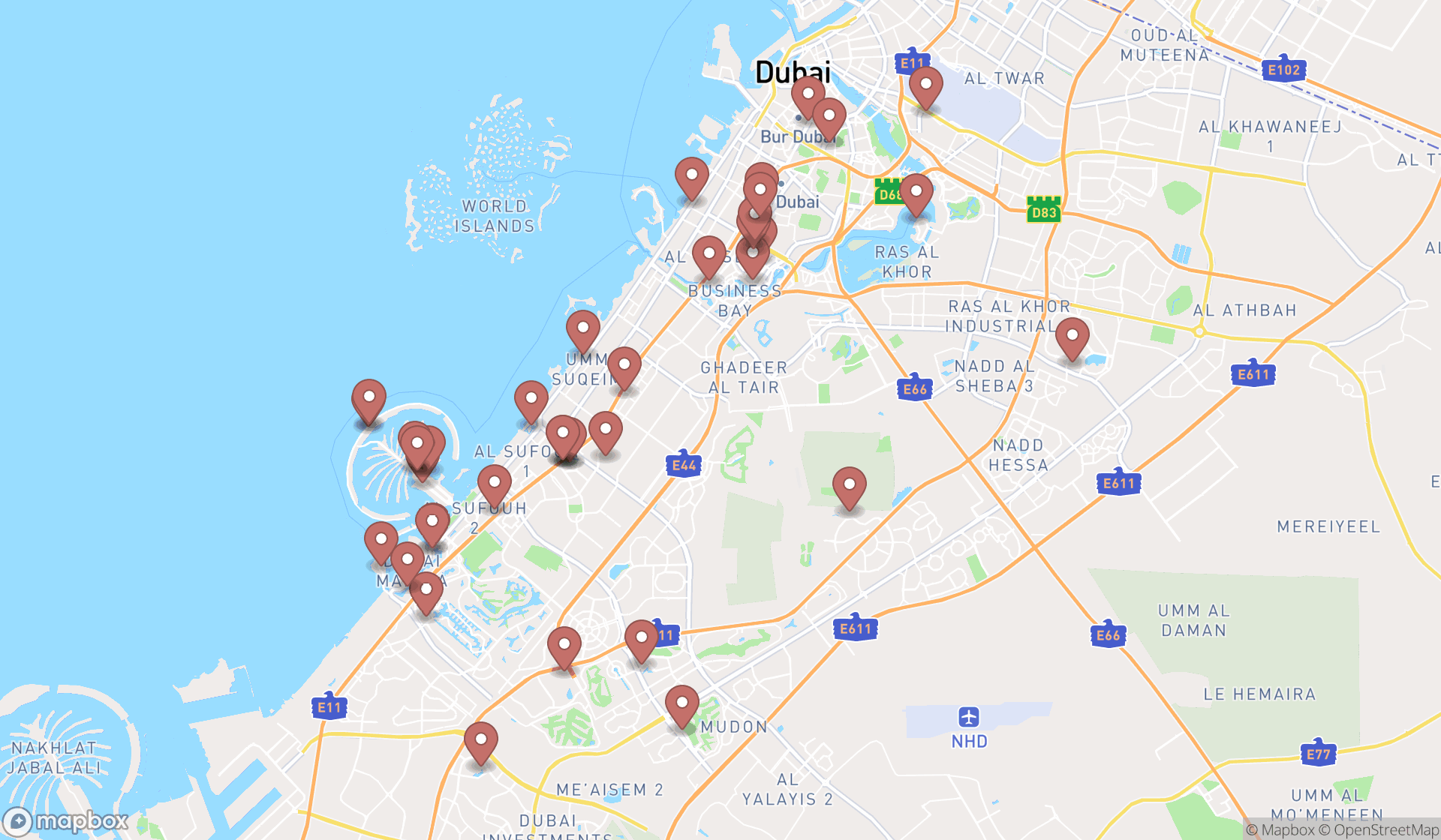 Map showing the search results in Dubai