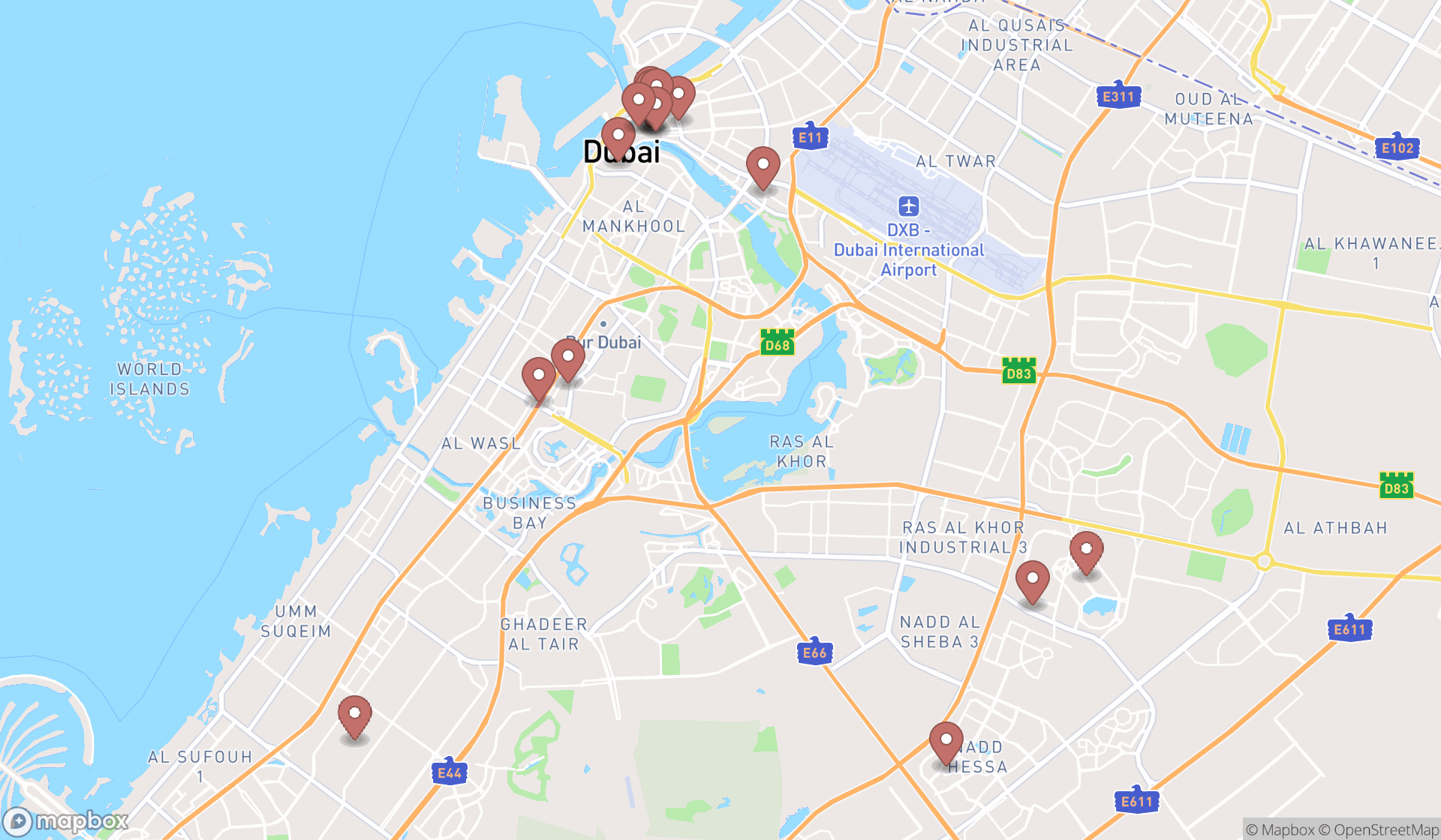 Map showing the search results in Dubai