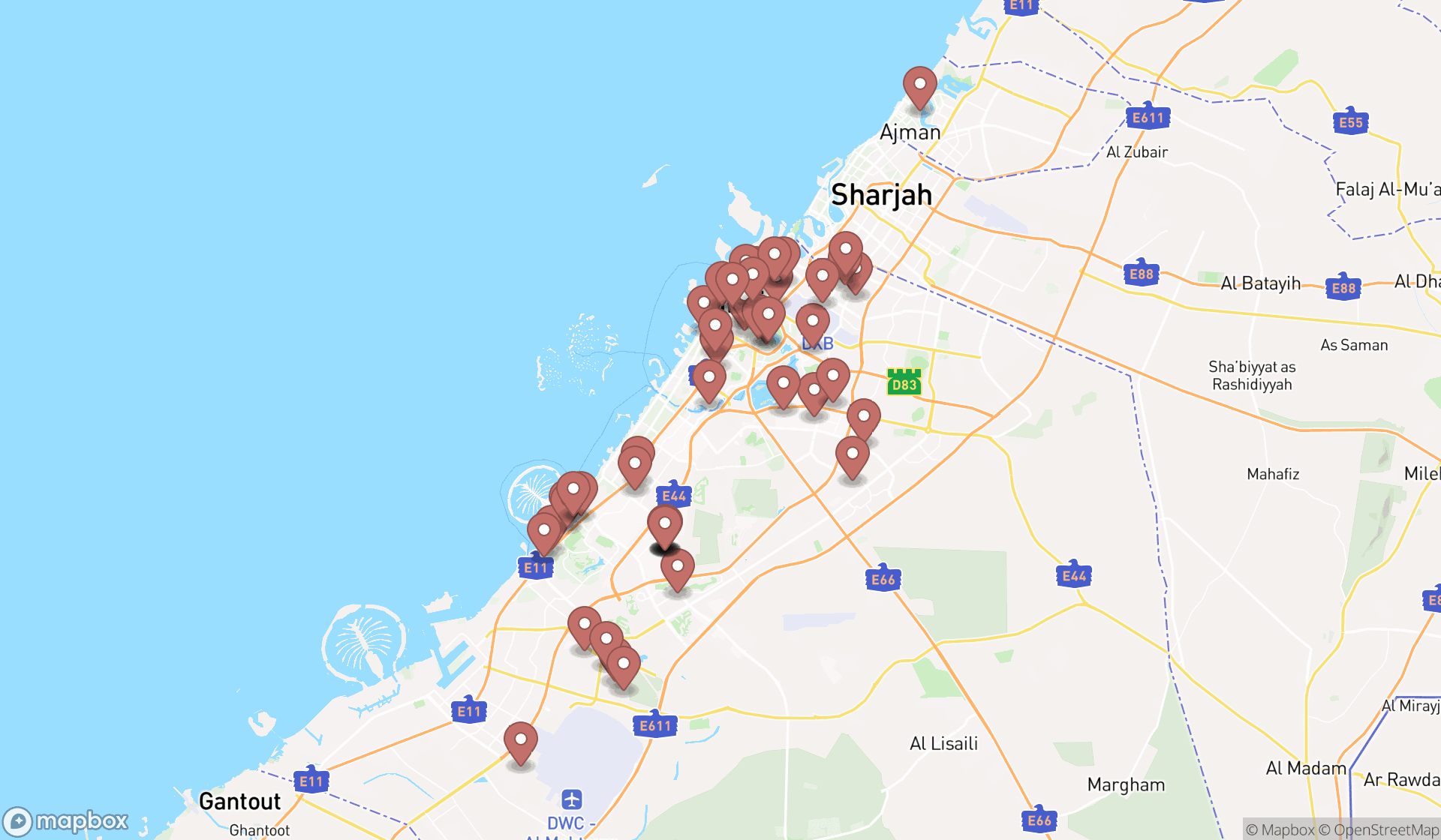 Map showing the search results in Dubai