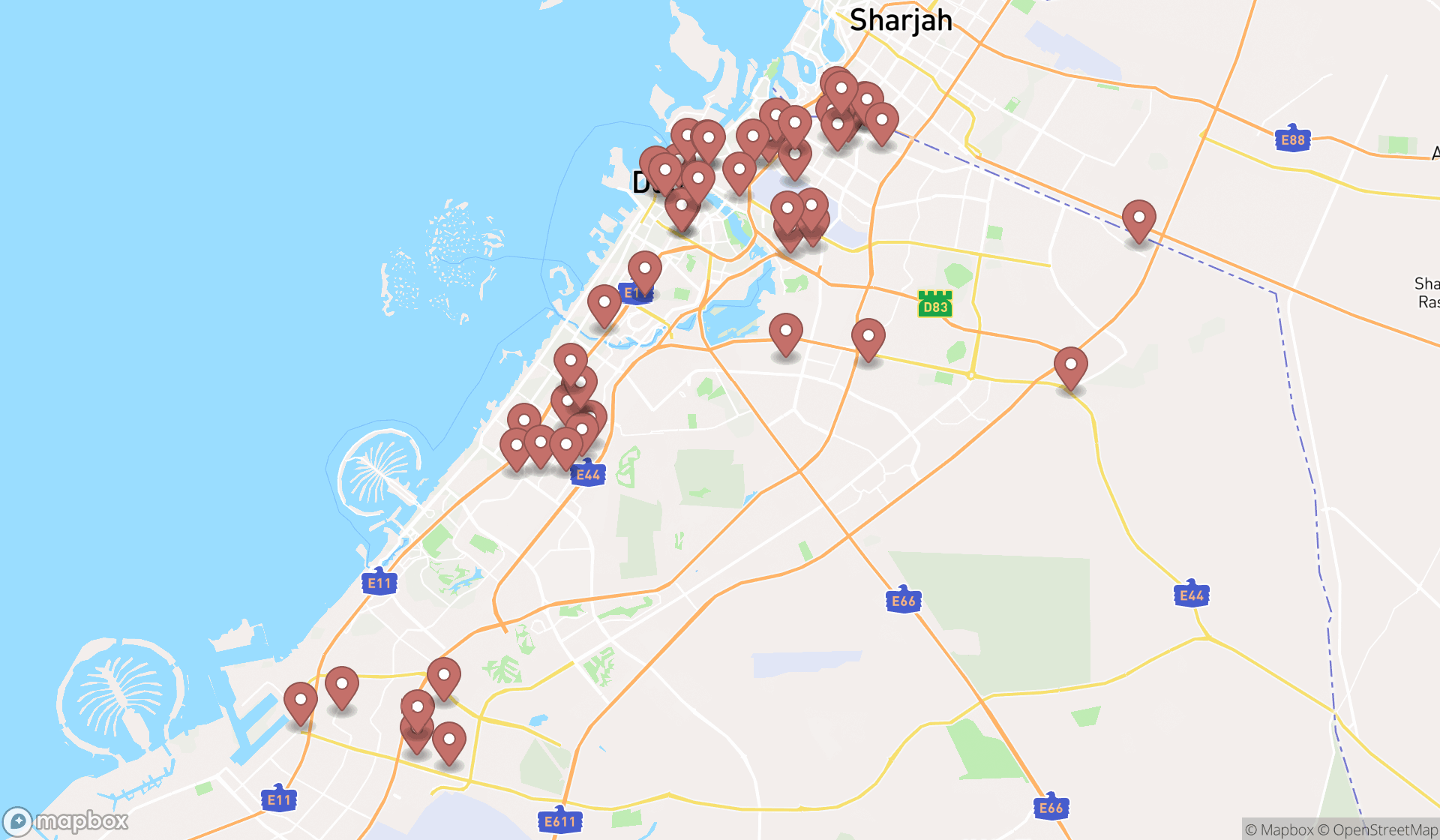 Map showing the search results in Dubai