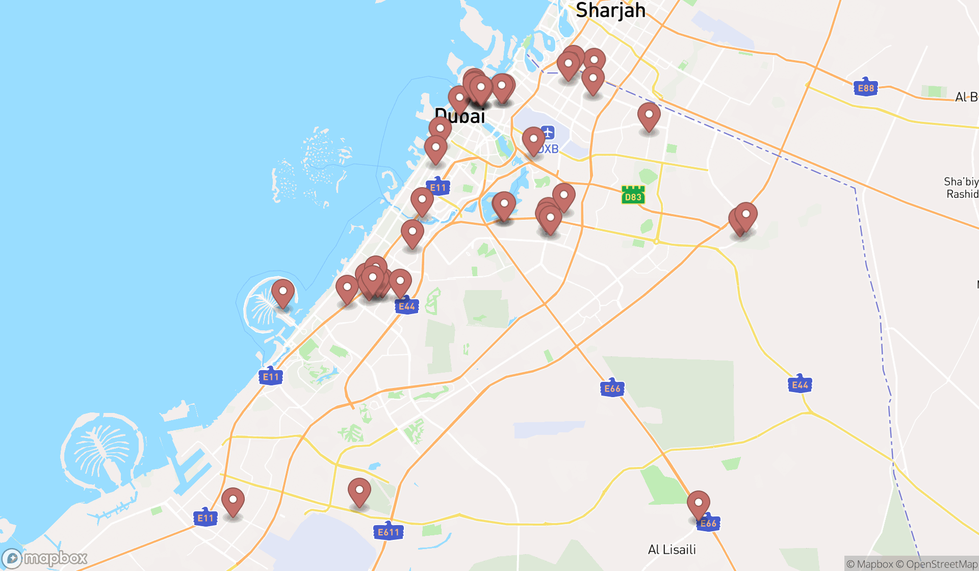 Map showing the search results in Dubai