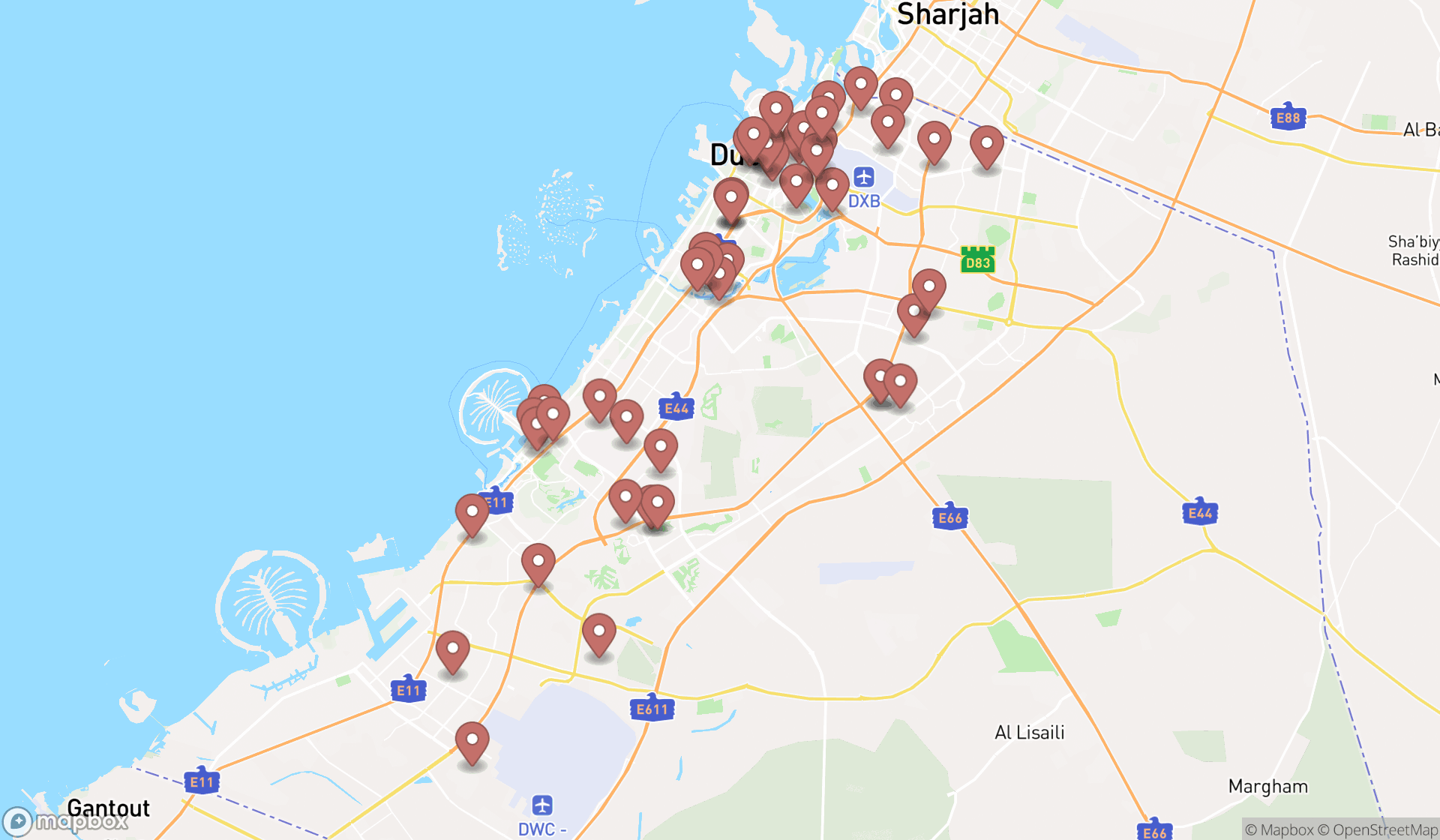 Map showing the search results in Dubai