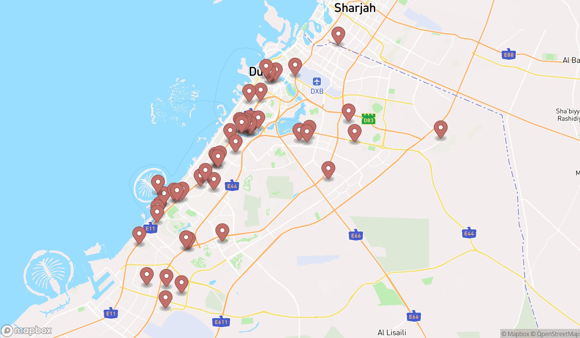 Map showing the search results in Dubai