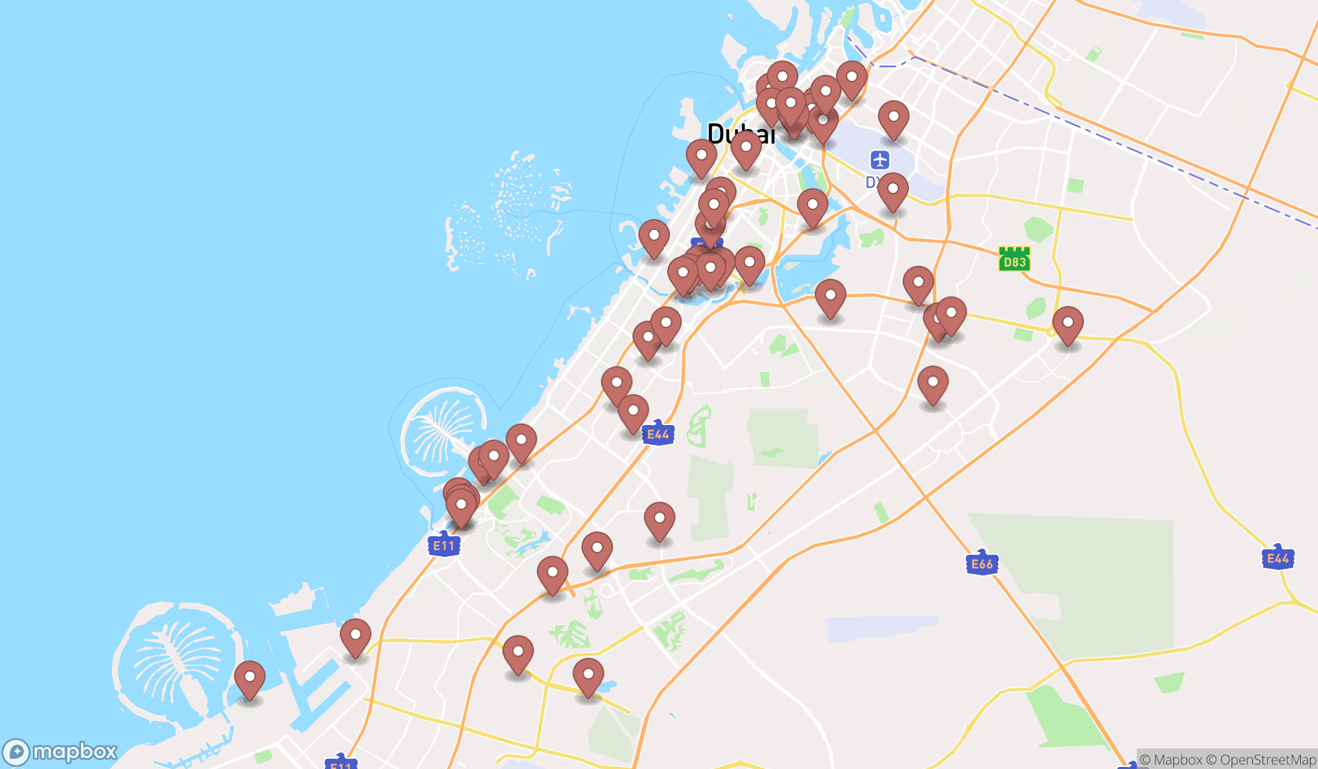 Map showing the search results in Dubai