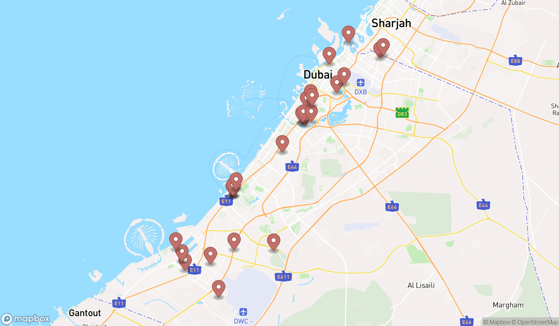 Map showing the search results in Dubai