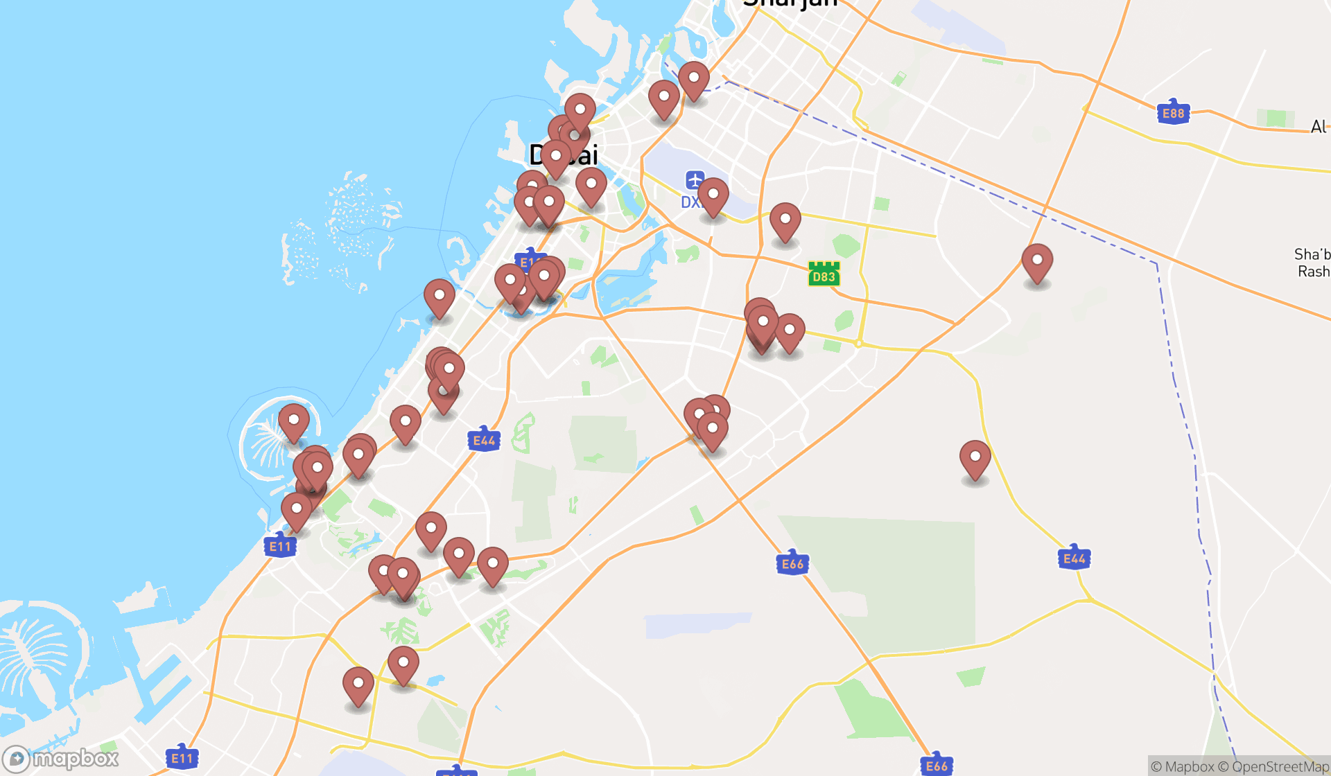 Map showing the search results in Dubai