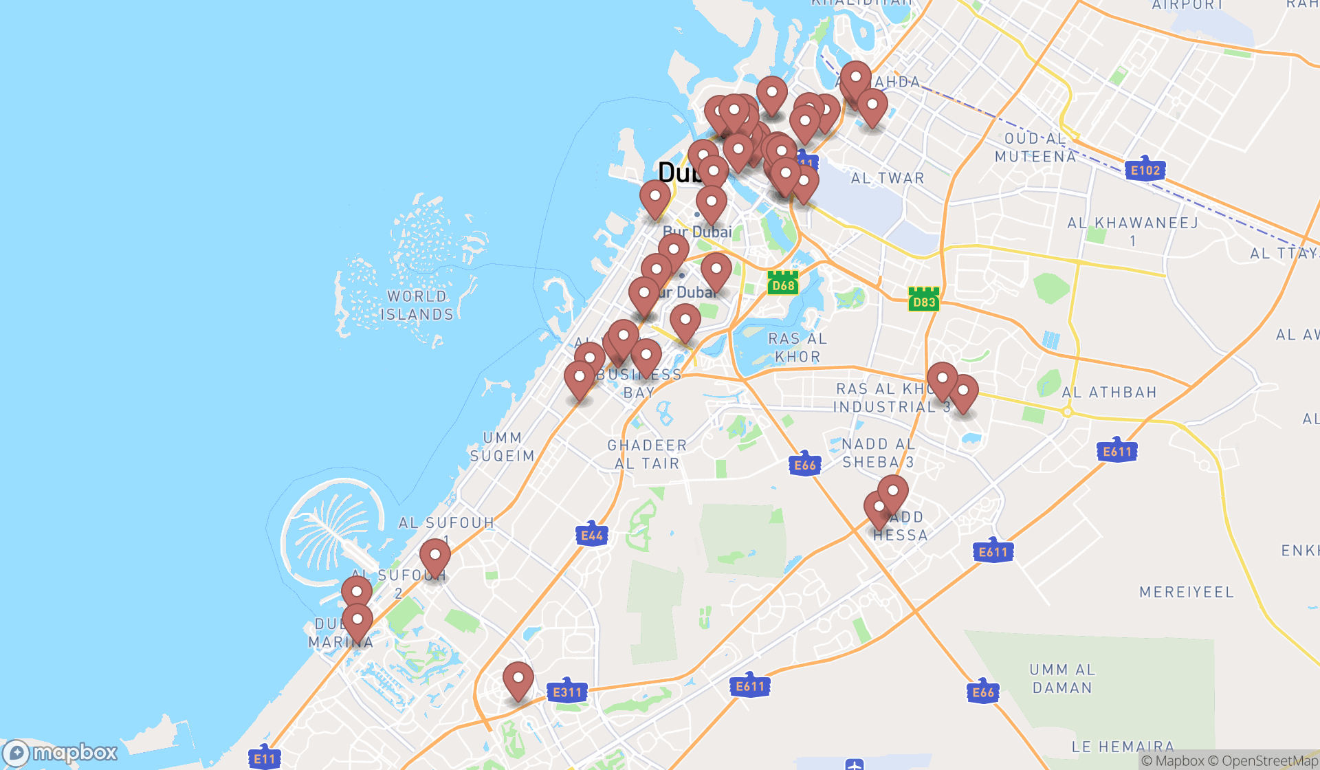 Map showing the search results in Dubai