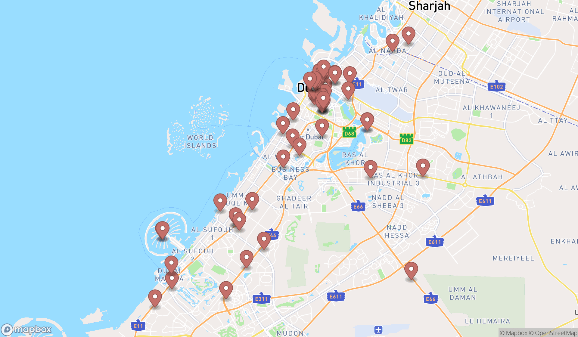 Map showing the search results in Dubai