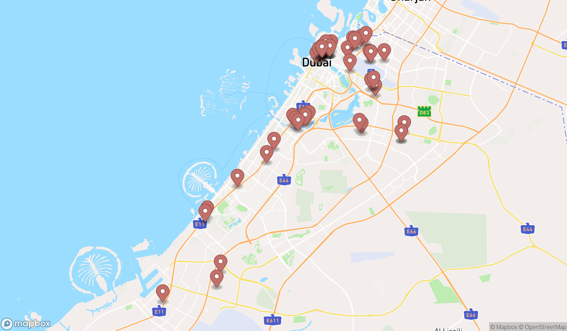 Map showing the search results in Dubai