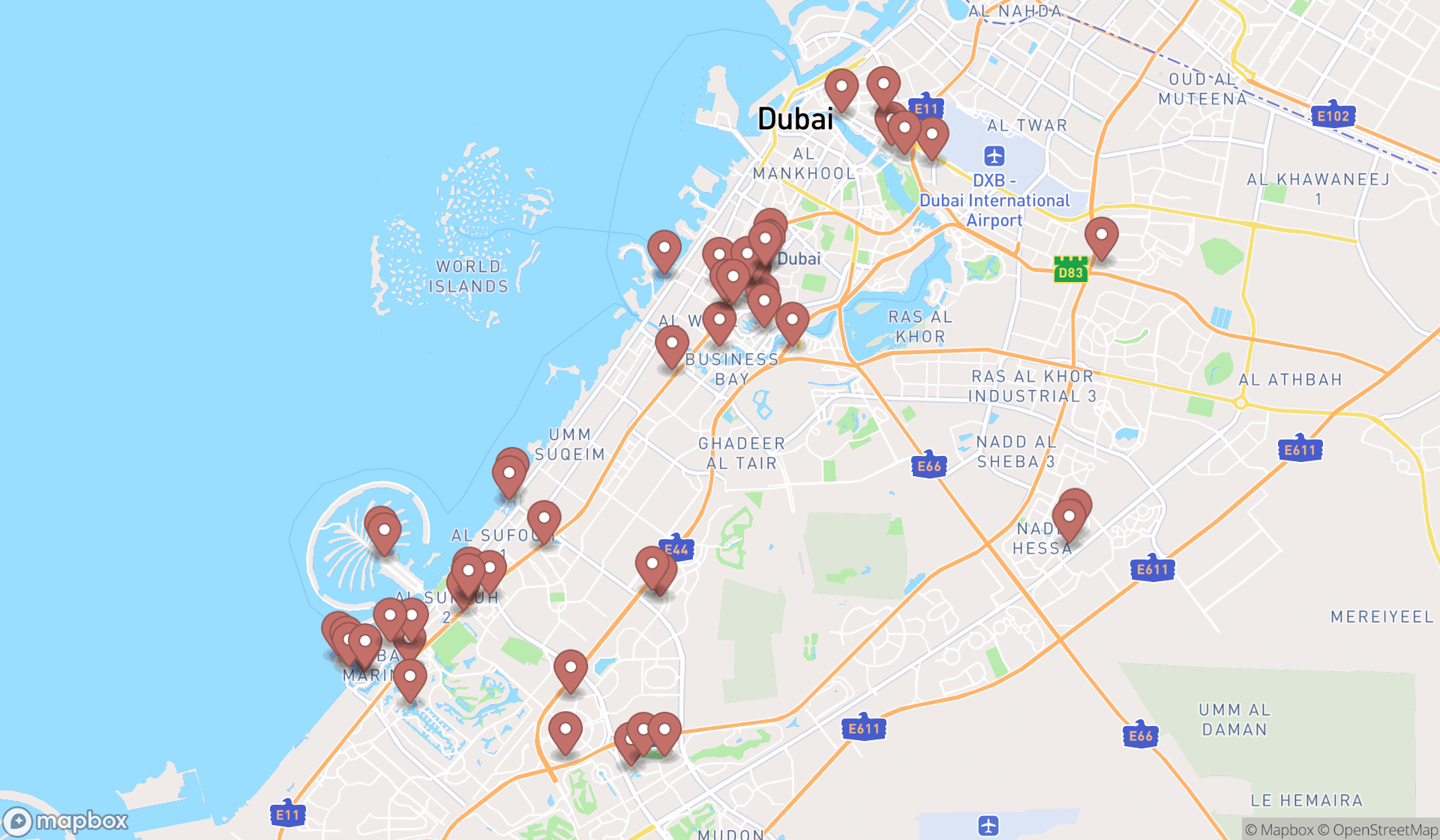 Map showing the search results in Dubai