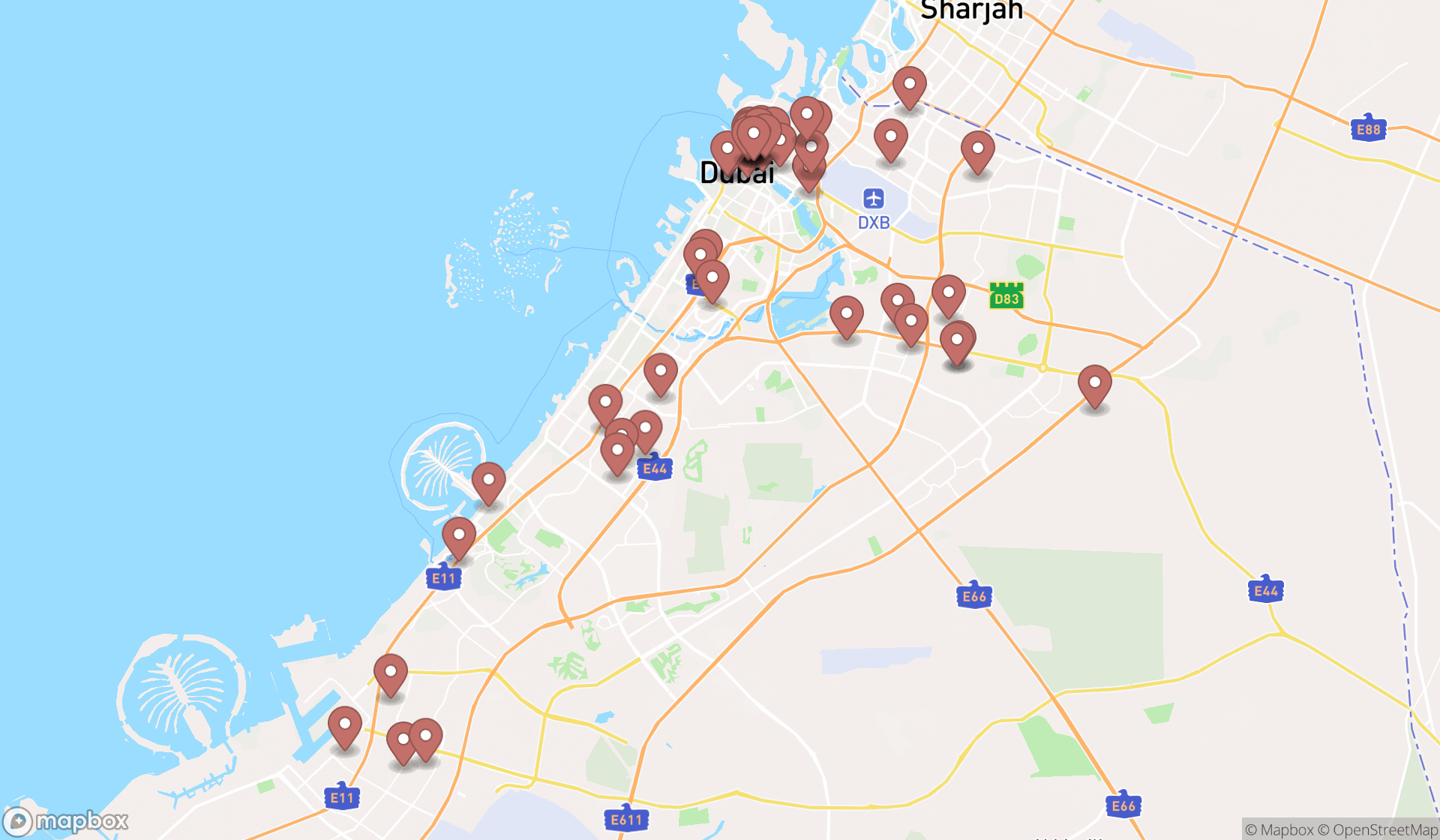 Map showing the search results in Dubai
