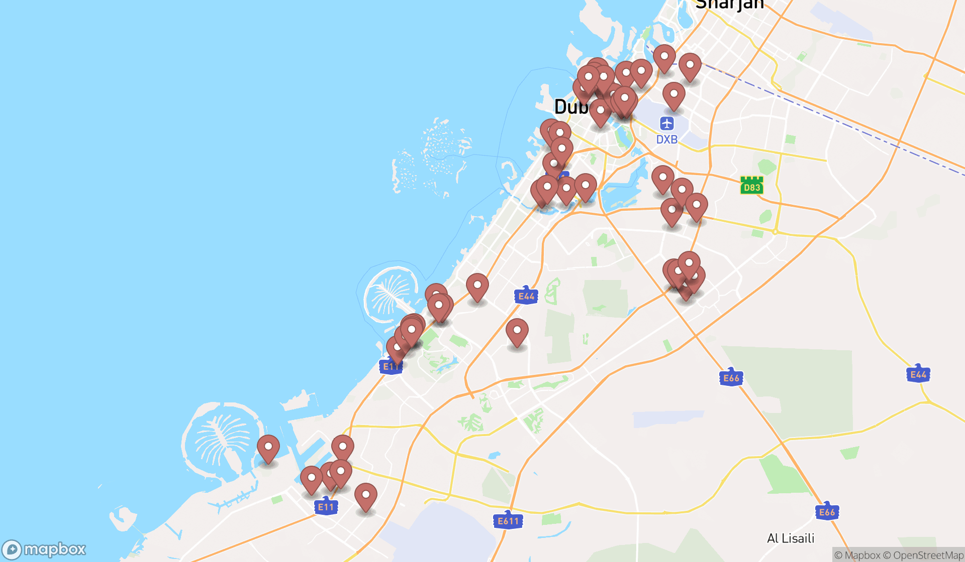 Map showing the search results in Dubai