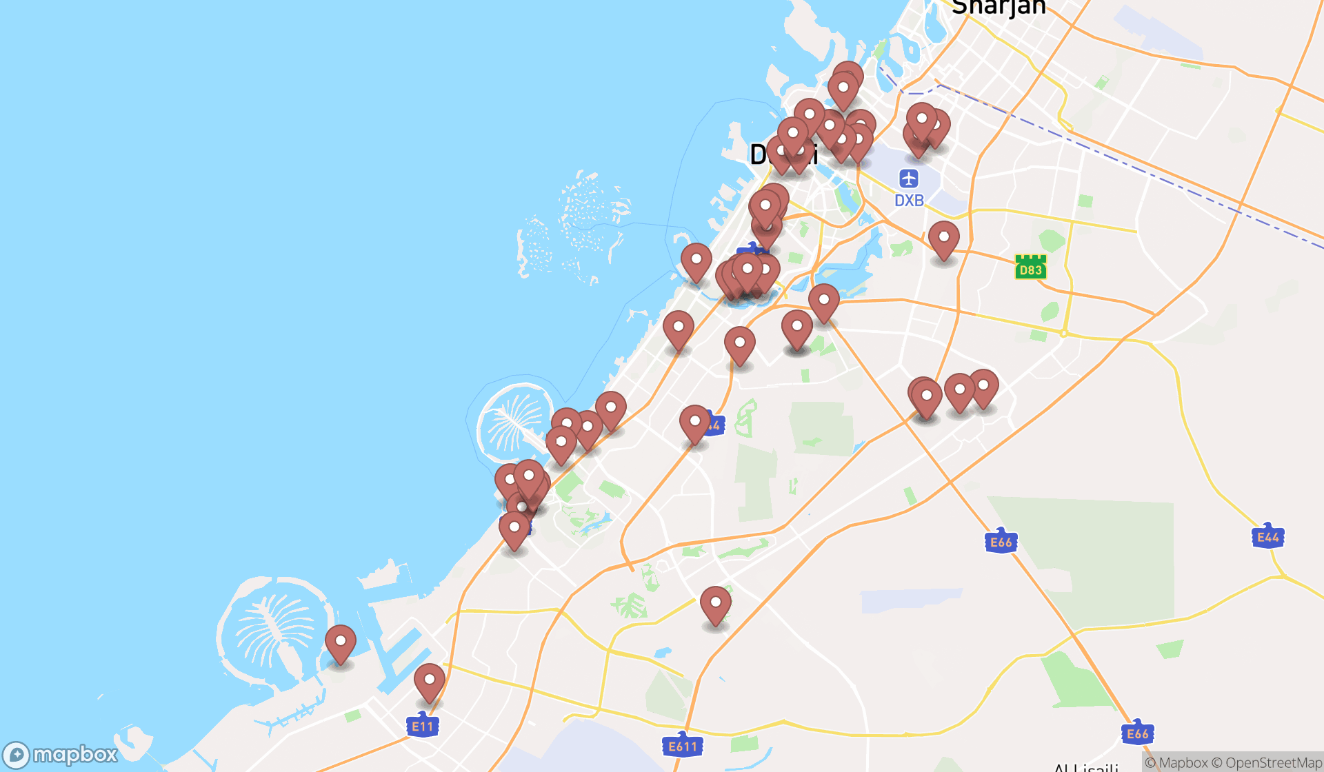 Map showing the search results in Dubai
