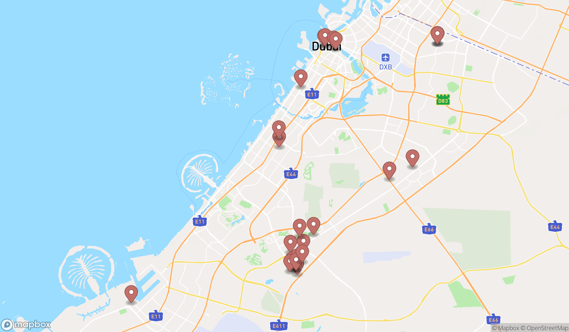 Map showing the search results in Dubai