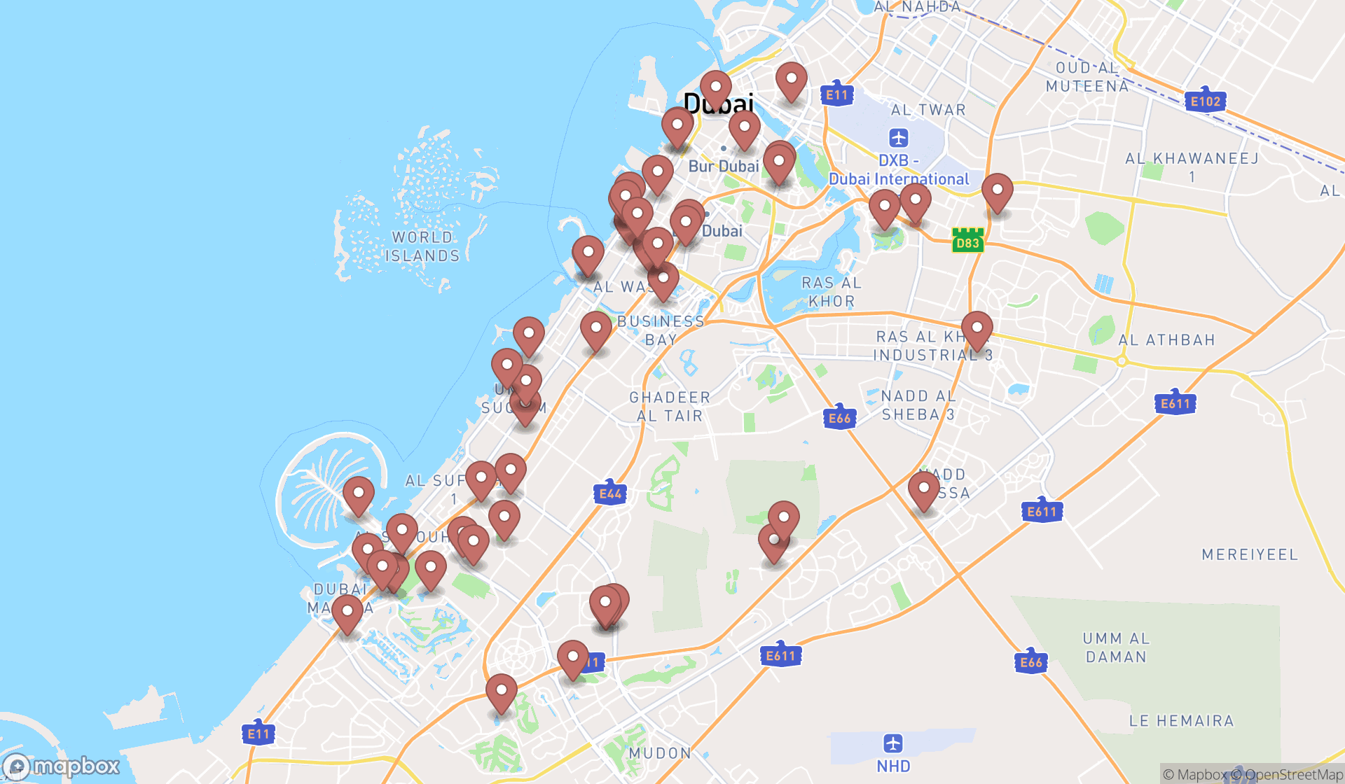 Map showing the search results in Dubai