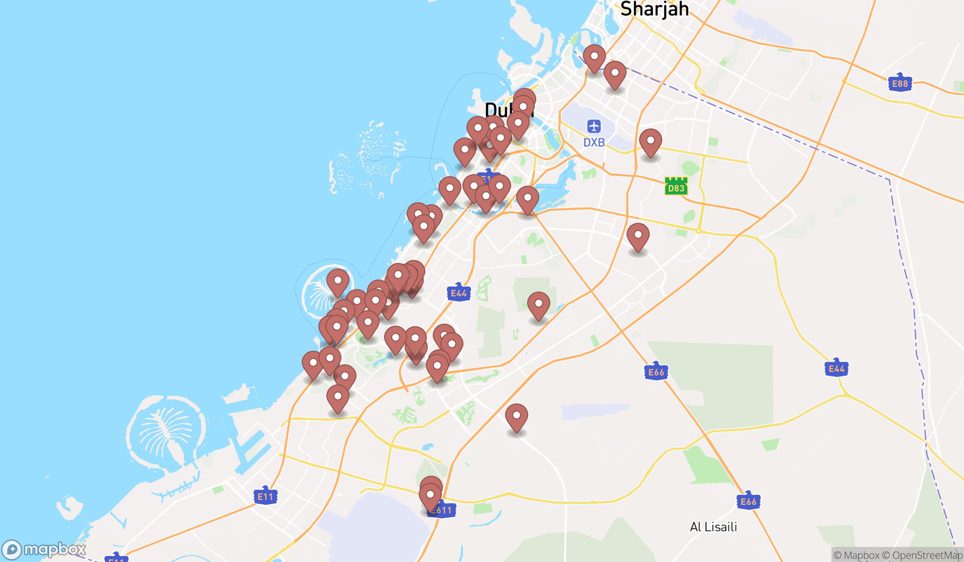 Map showing the search results in Dubai