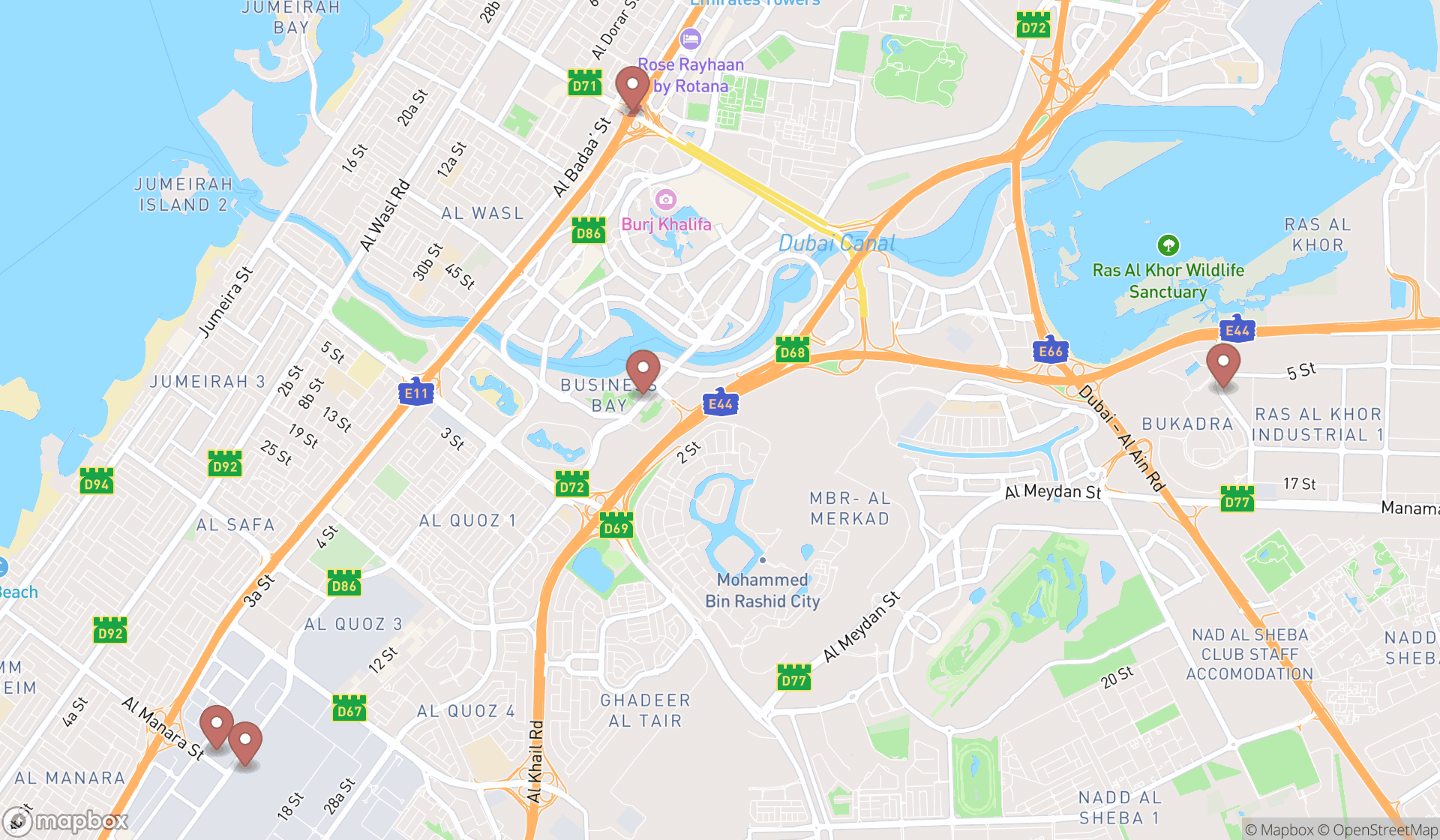 Map showing the search results in Dubai