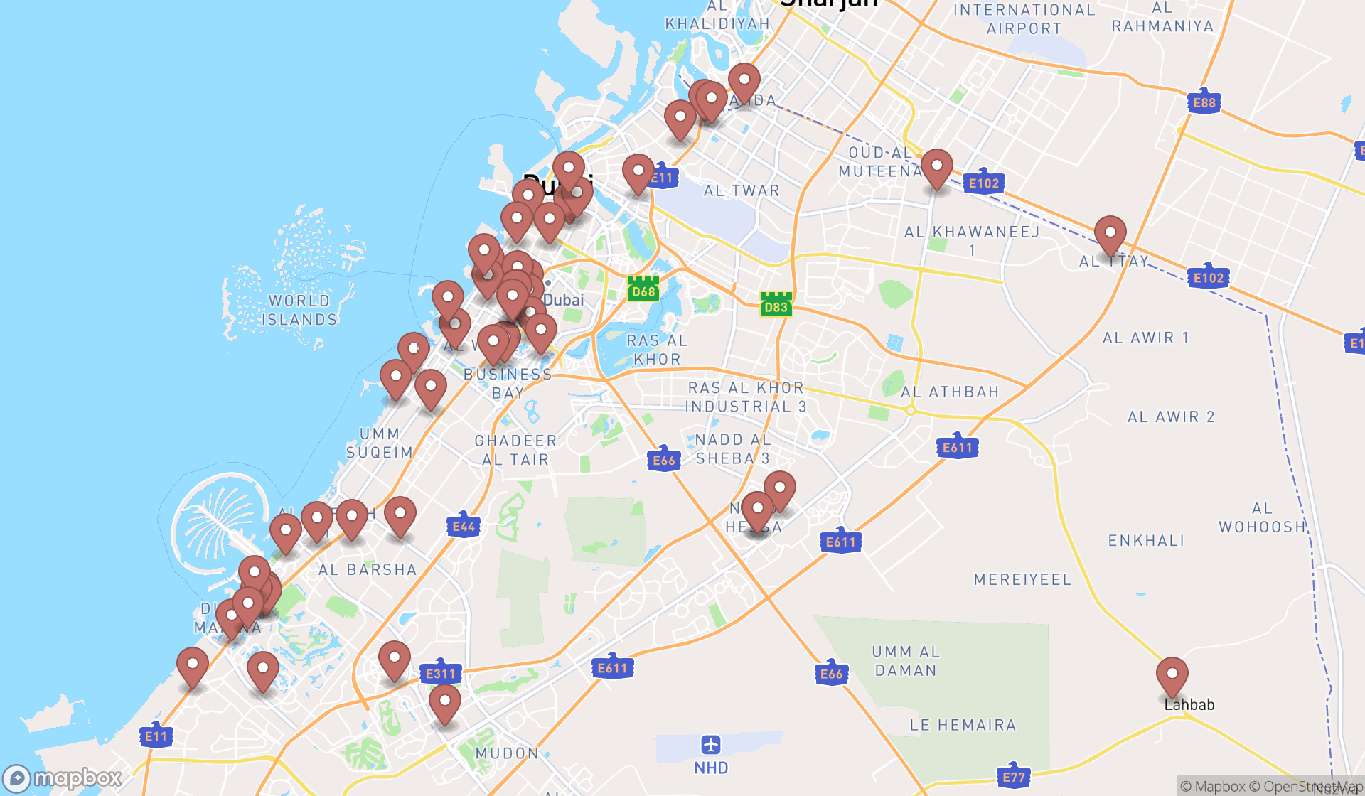 Map showing the search results in Dubai