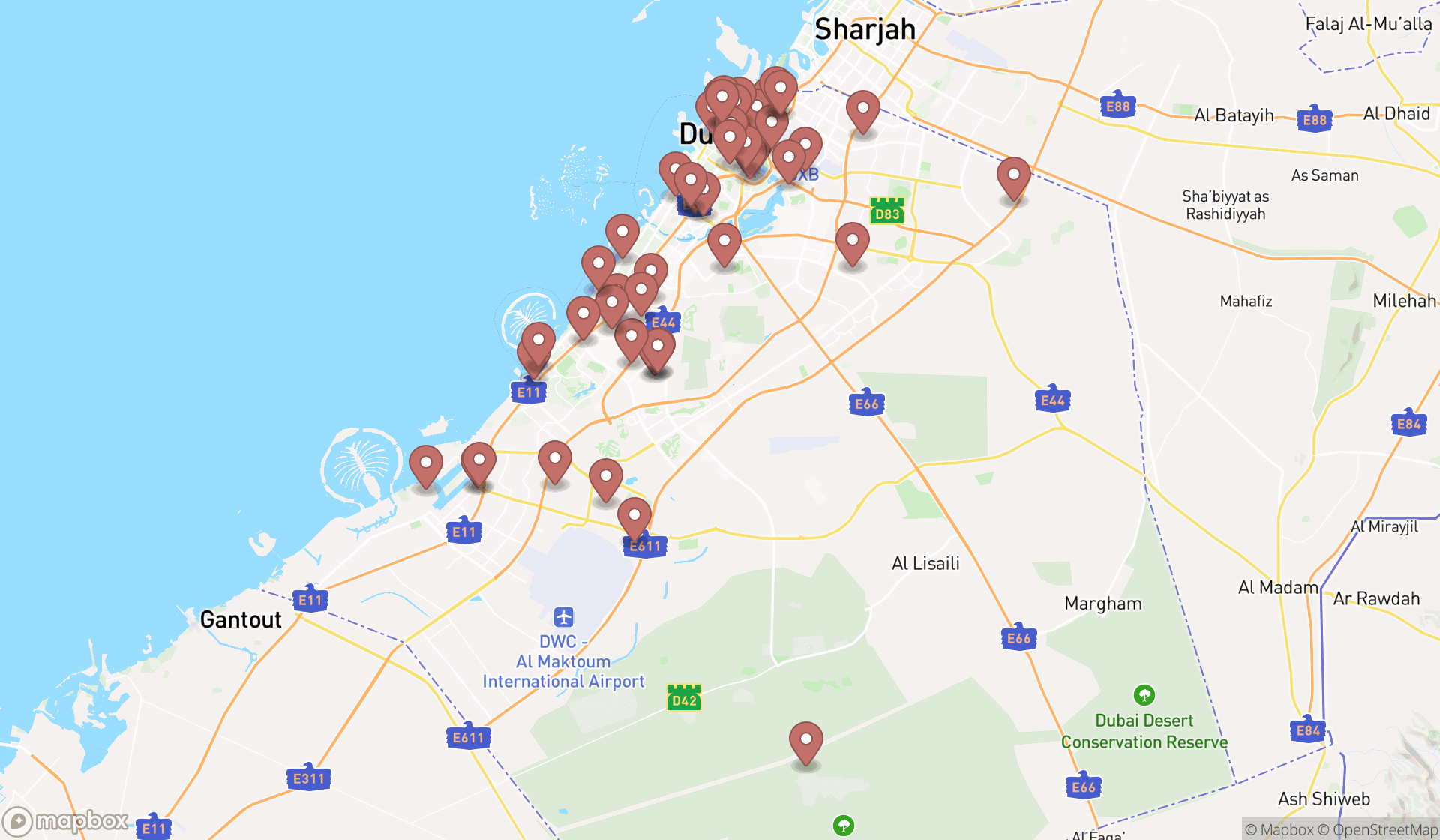 Map showing the search results in Dubai