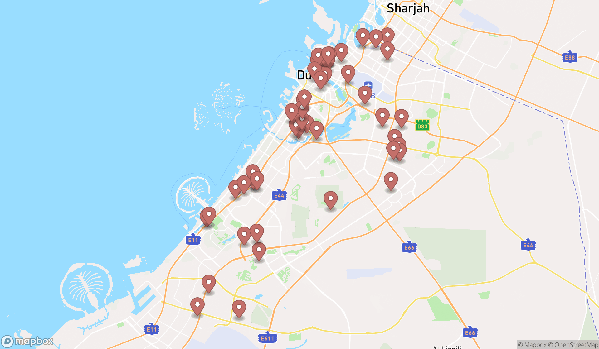 Map showing the search results in Dubai
