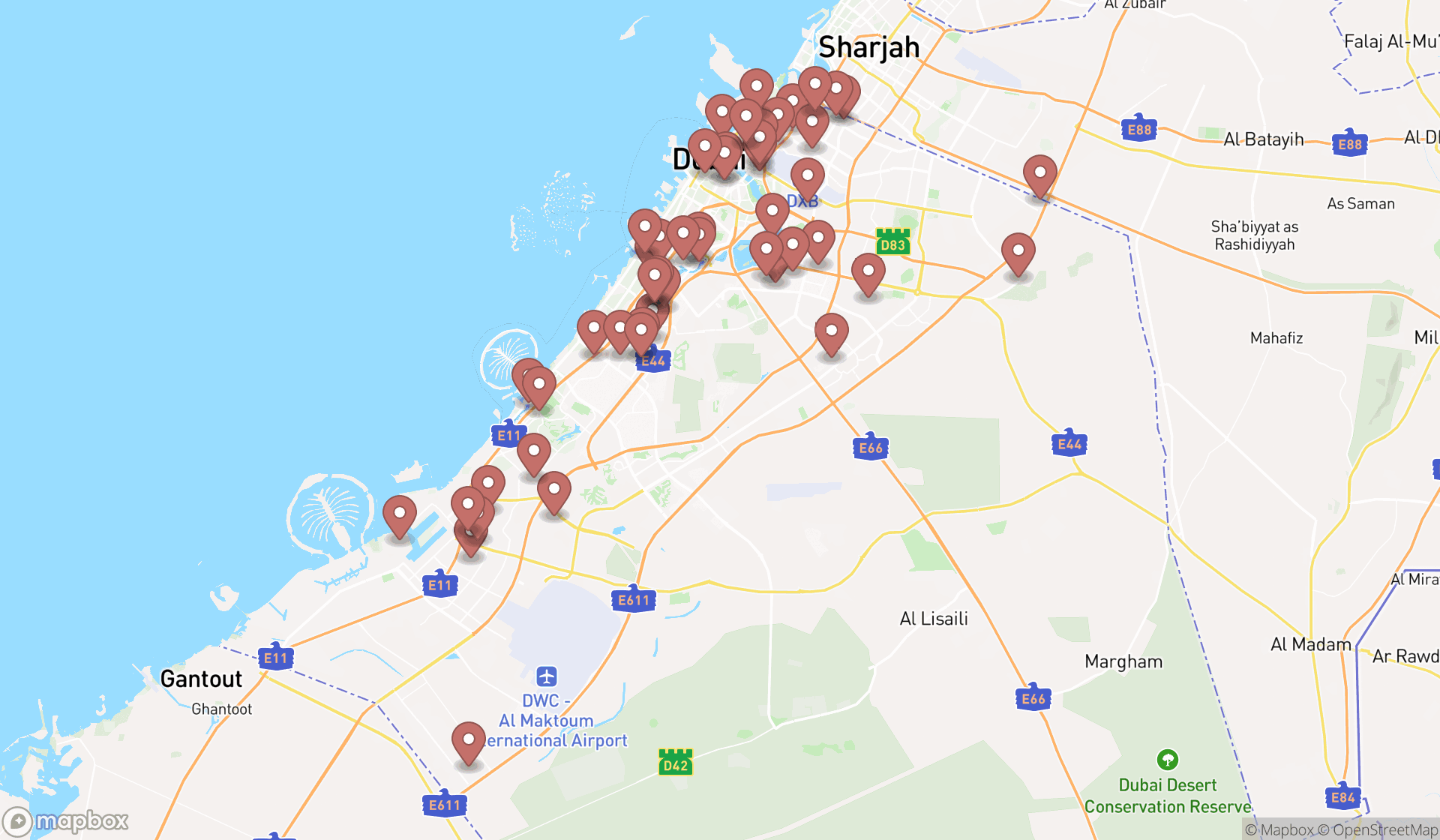 Map showing the search results in Dubai