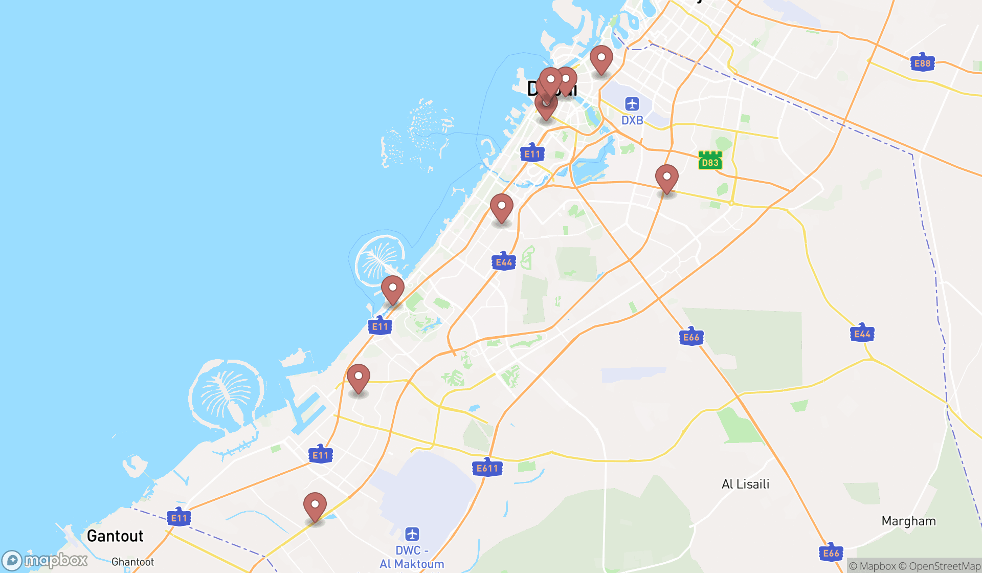 Map showing the search results in Dubai