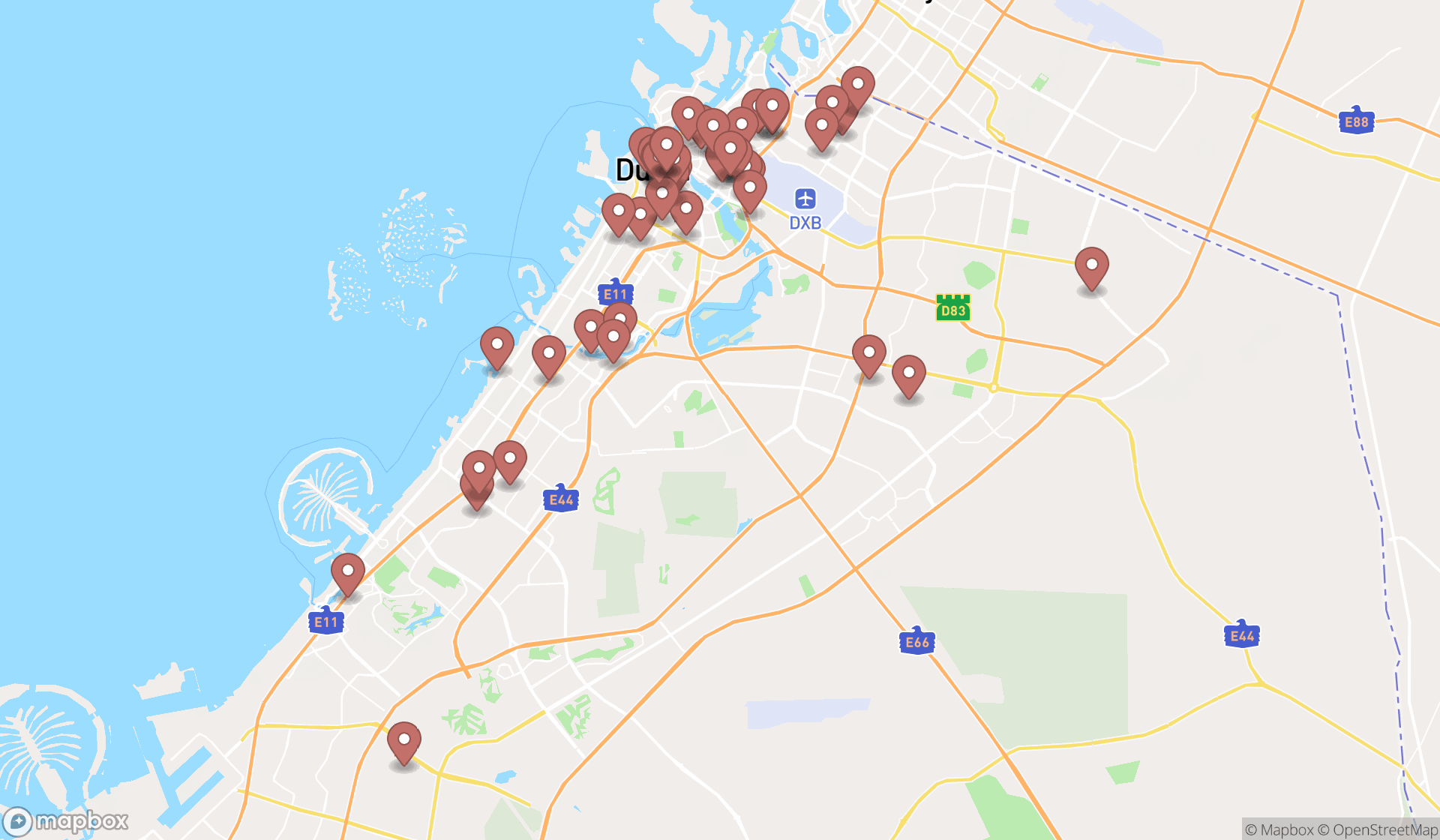 Map showing the search results in Dubai