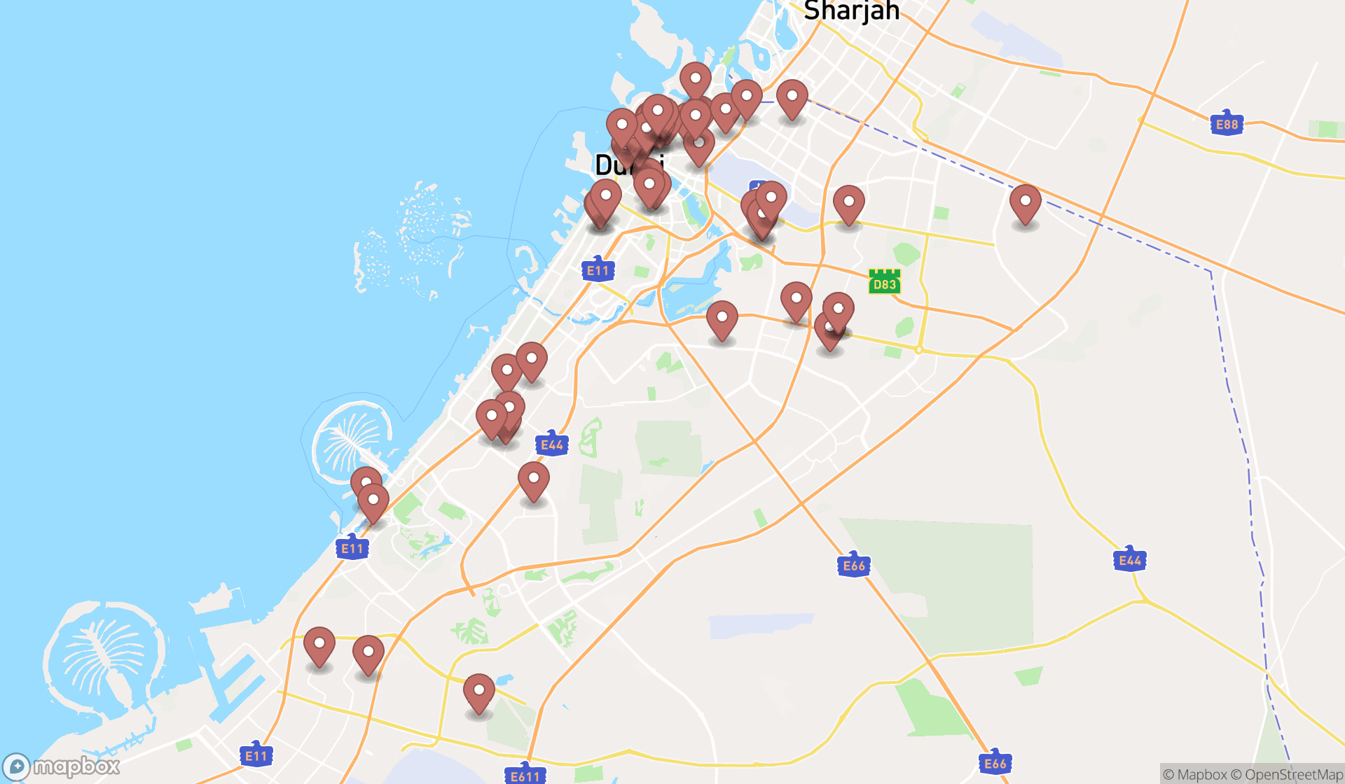 Map showing the search results in Dubai