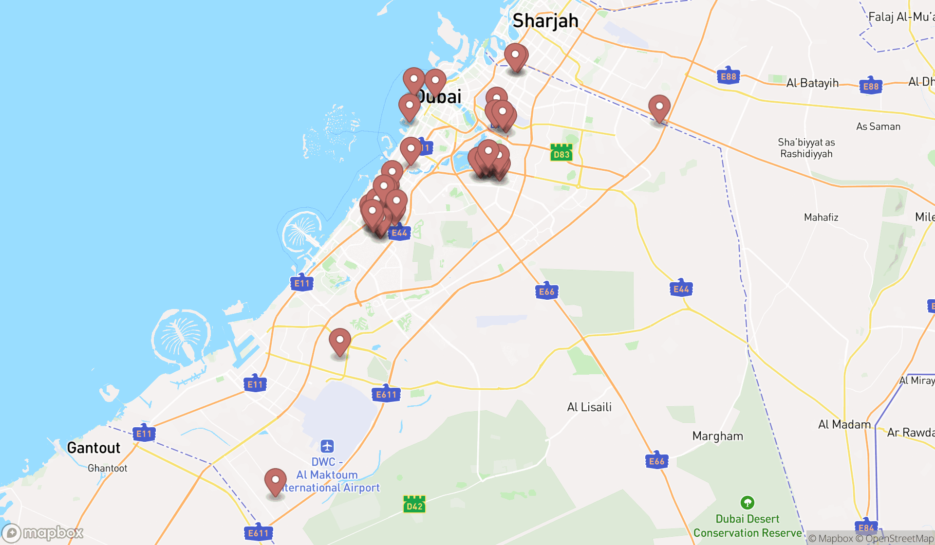 Map showing the search results in Dubai