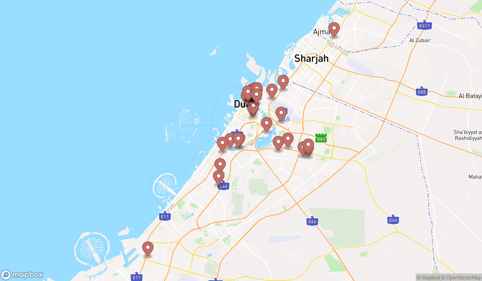 Map showing the search results in Dubai
