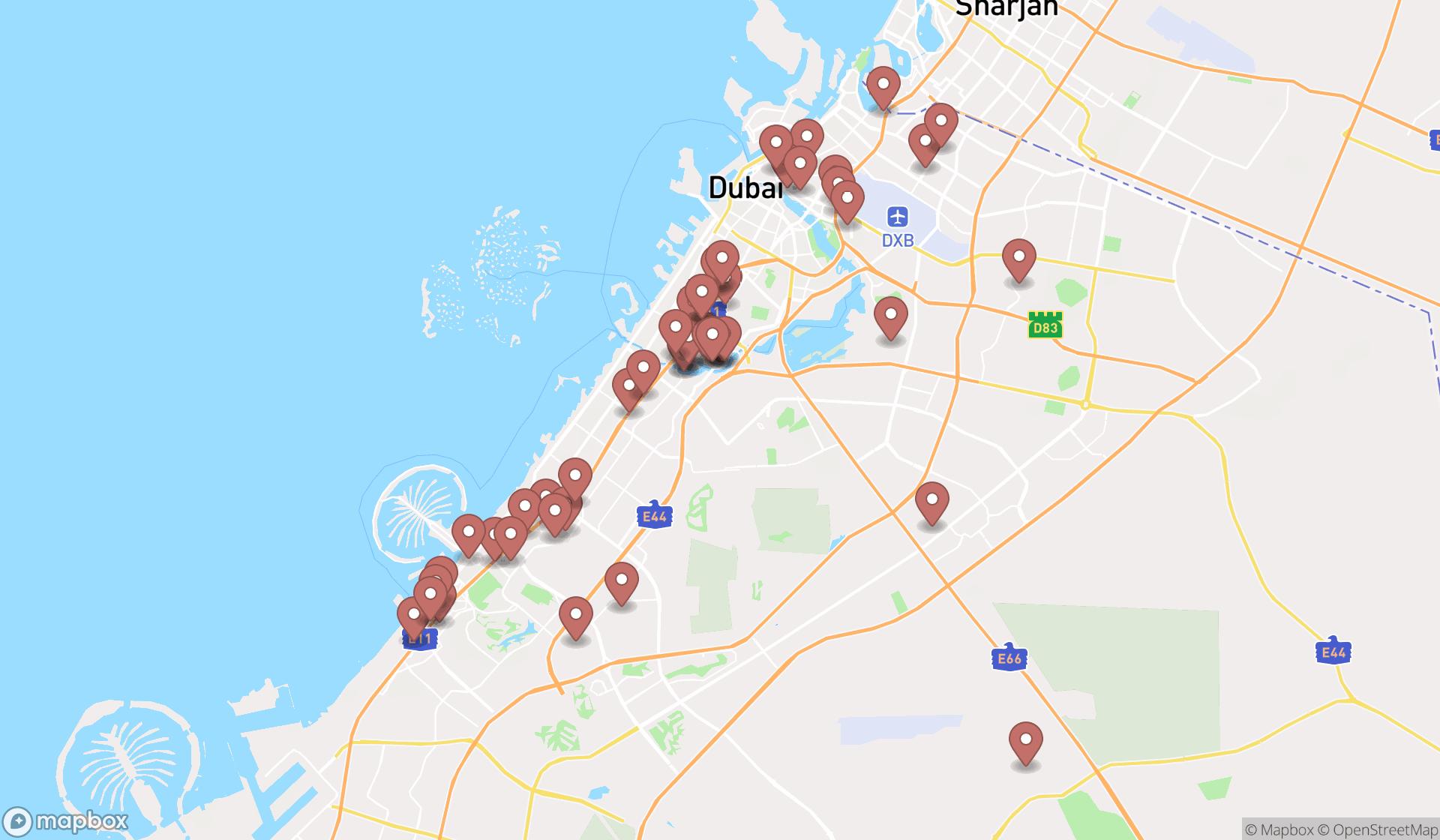 Map showing the search results in Dubai