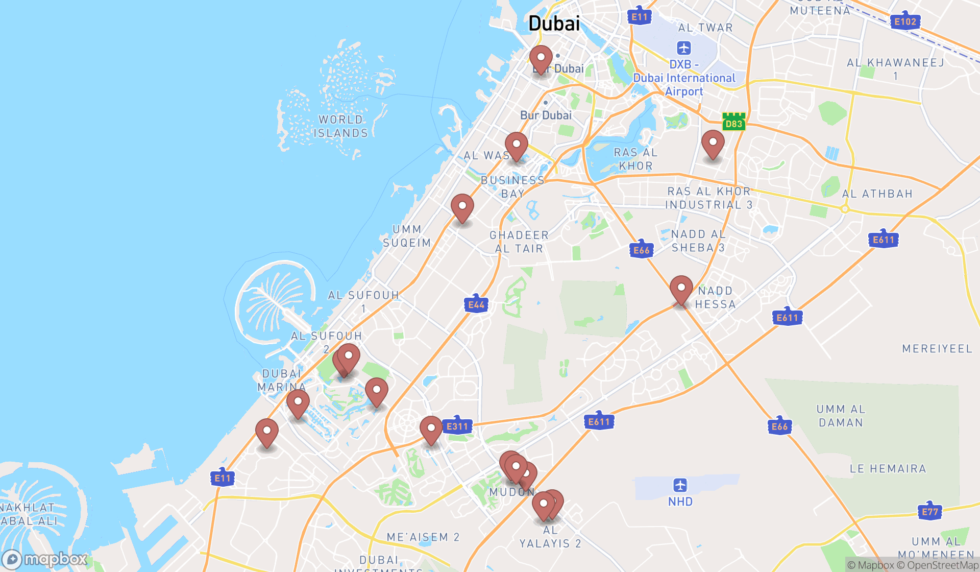 Map showing the search results in Dubai